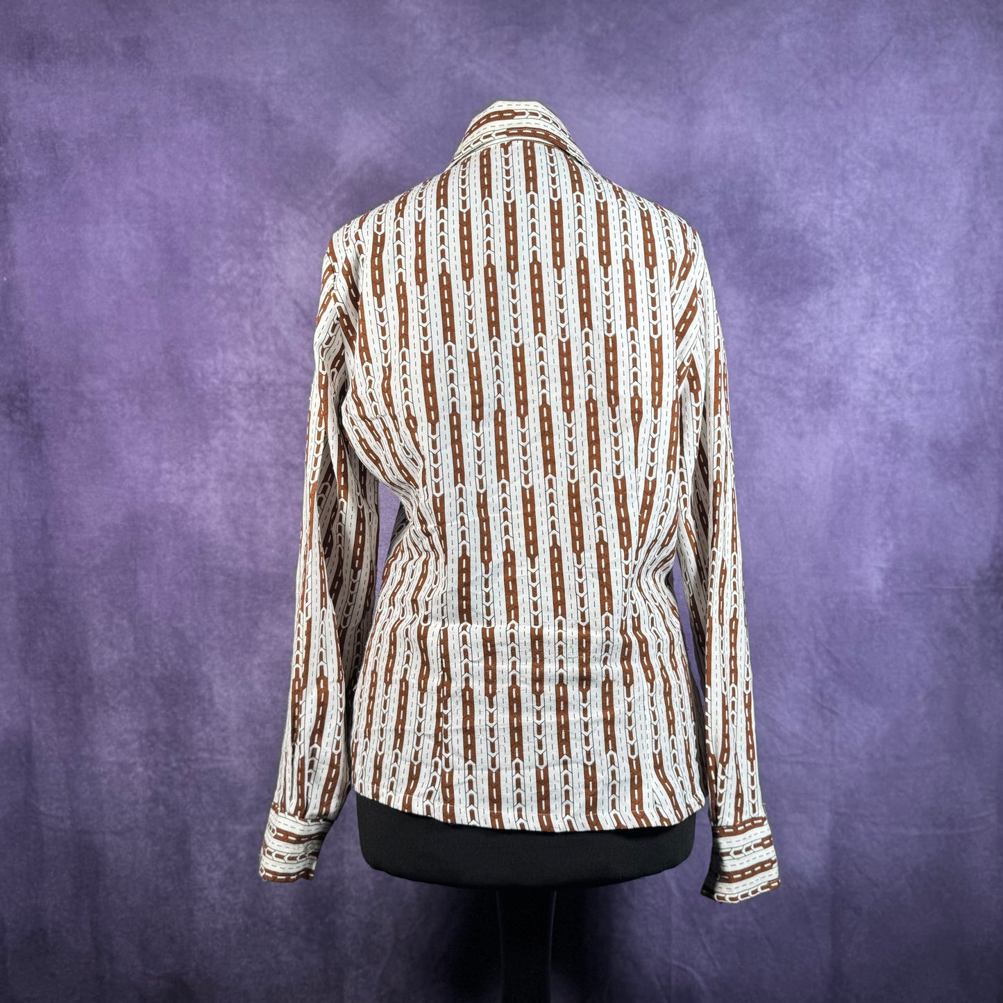 Vintage Ladies Dagger Collar White Brown Geo Pattern Shirt Button