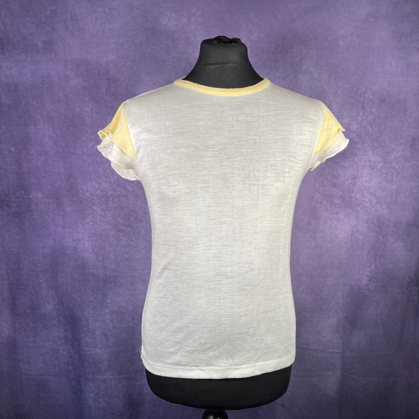 Vintage 1970s/80s Slim Fit Stretchy White Yellow Ring T-Shirt Mens XS