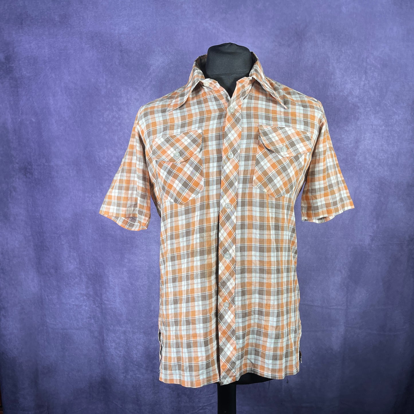 Vintage 1970s Short Sleeve Dagger Collar Orange Brown White Check XL