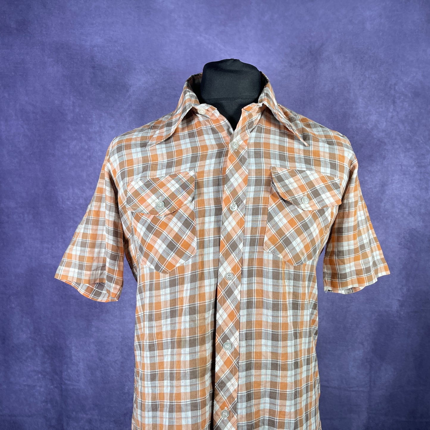 Vintage 1970s Short Sleeve Dagger Collar Orange Brown White Check XL