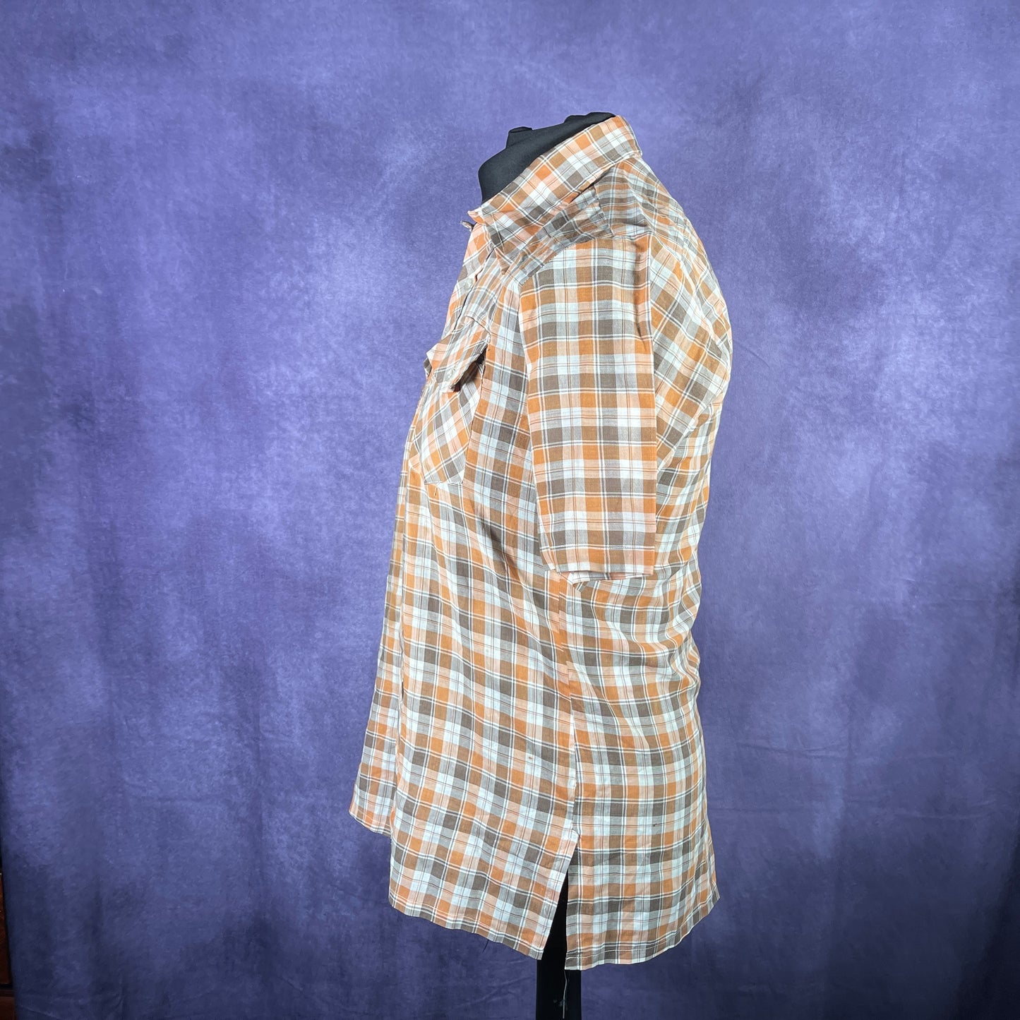 Vintage 1970s Short Sleeve Dagger Collar Orange Brown White Check XL