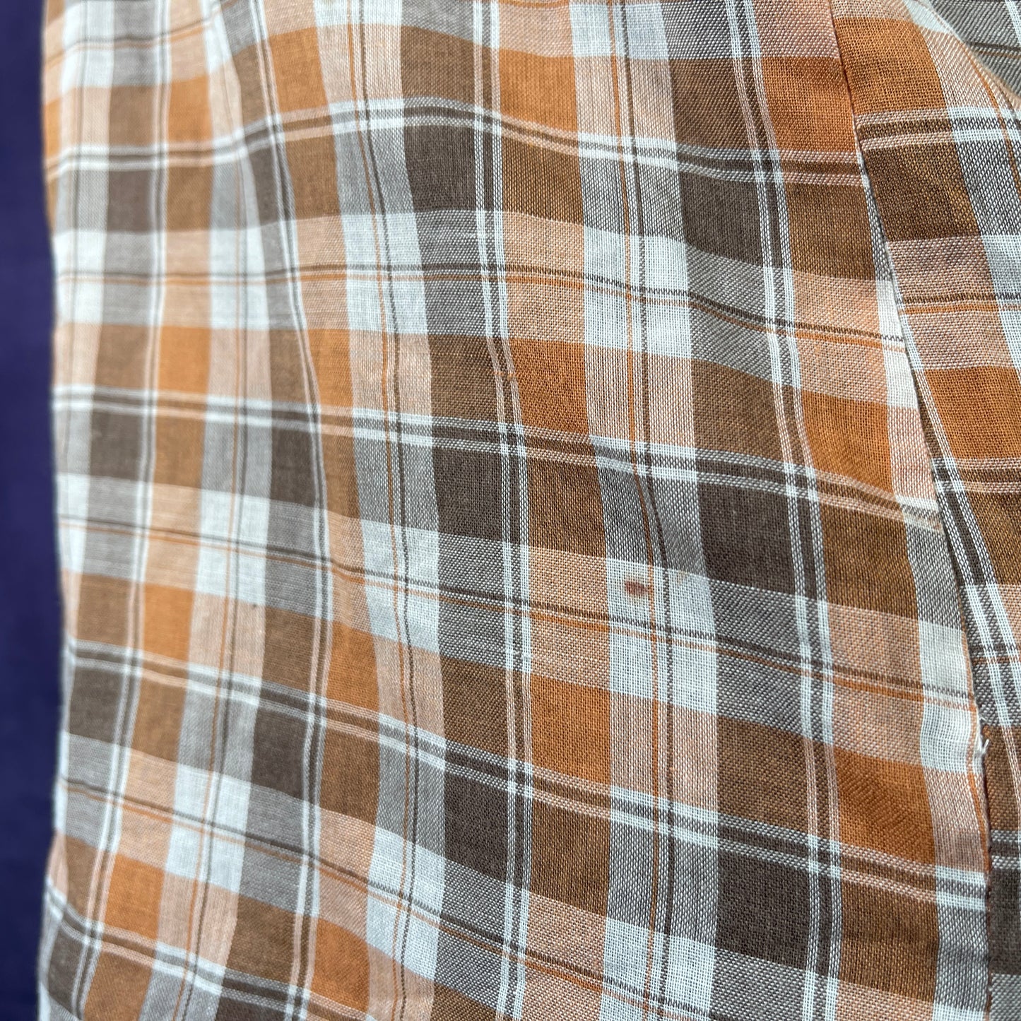 Vintage 1970s Short Sleeve Dagger Collar Orange Brown White Check XL