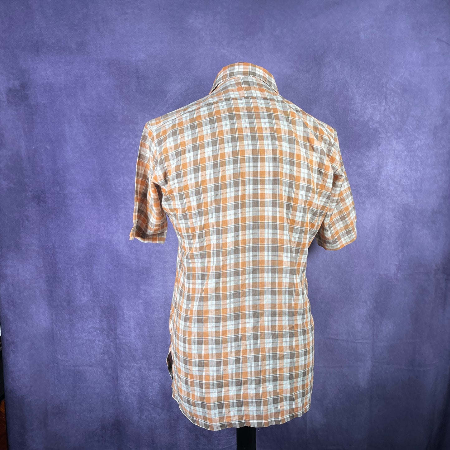 Vintage 1970s Short Sleeve Dagger Collar Orange Brown White Check XL