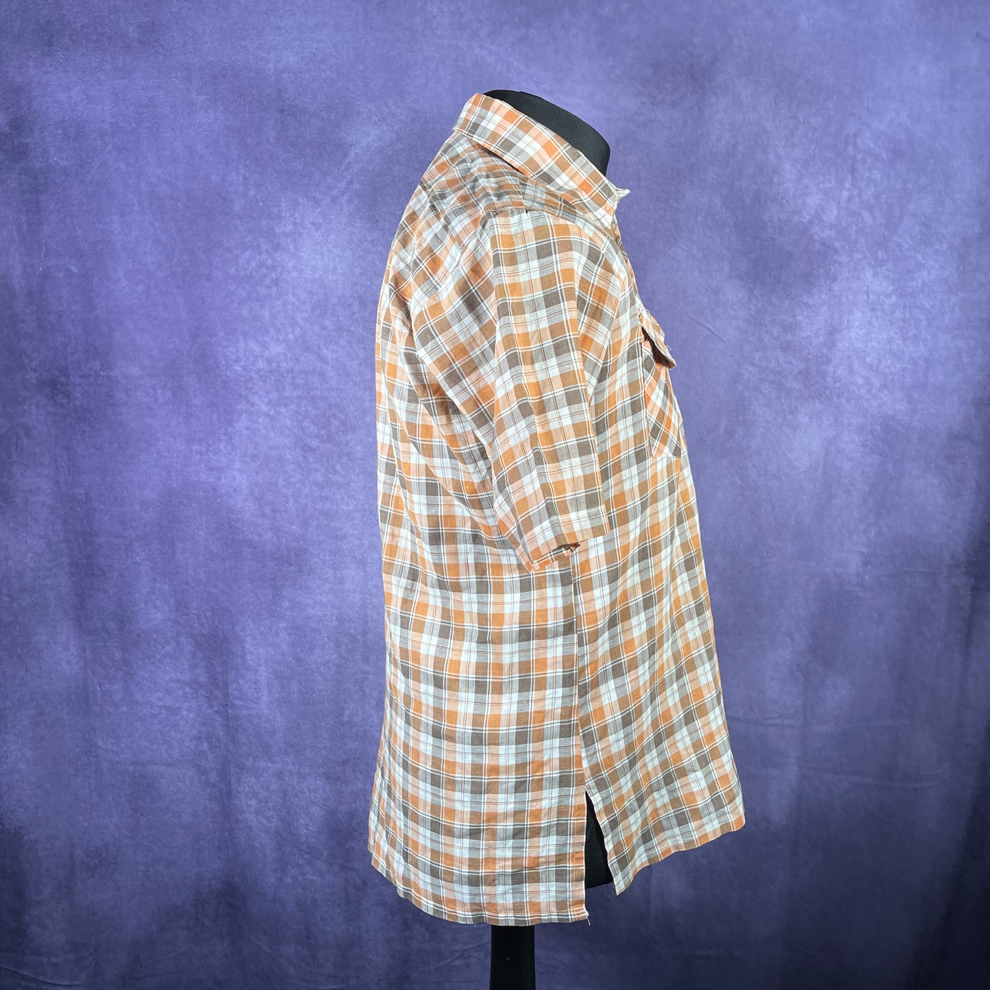 Vintage 1970s Short Sleeve Dagger Collar Orange Brown White Check XL