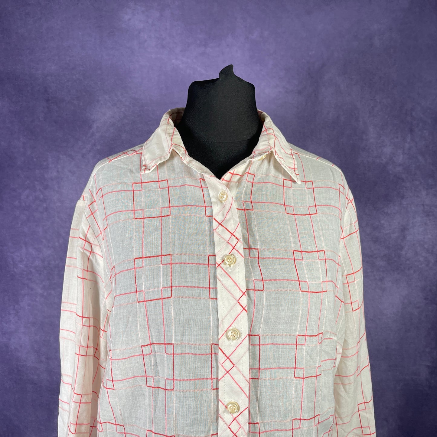Vintage 1970s Teagal Ladies White Red Pink 70s Patterned Shirt Large