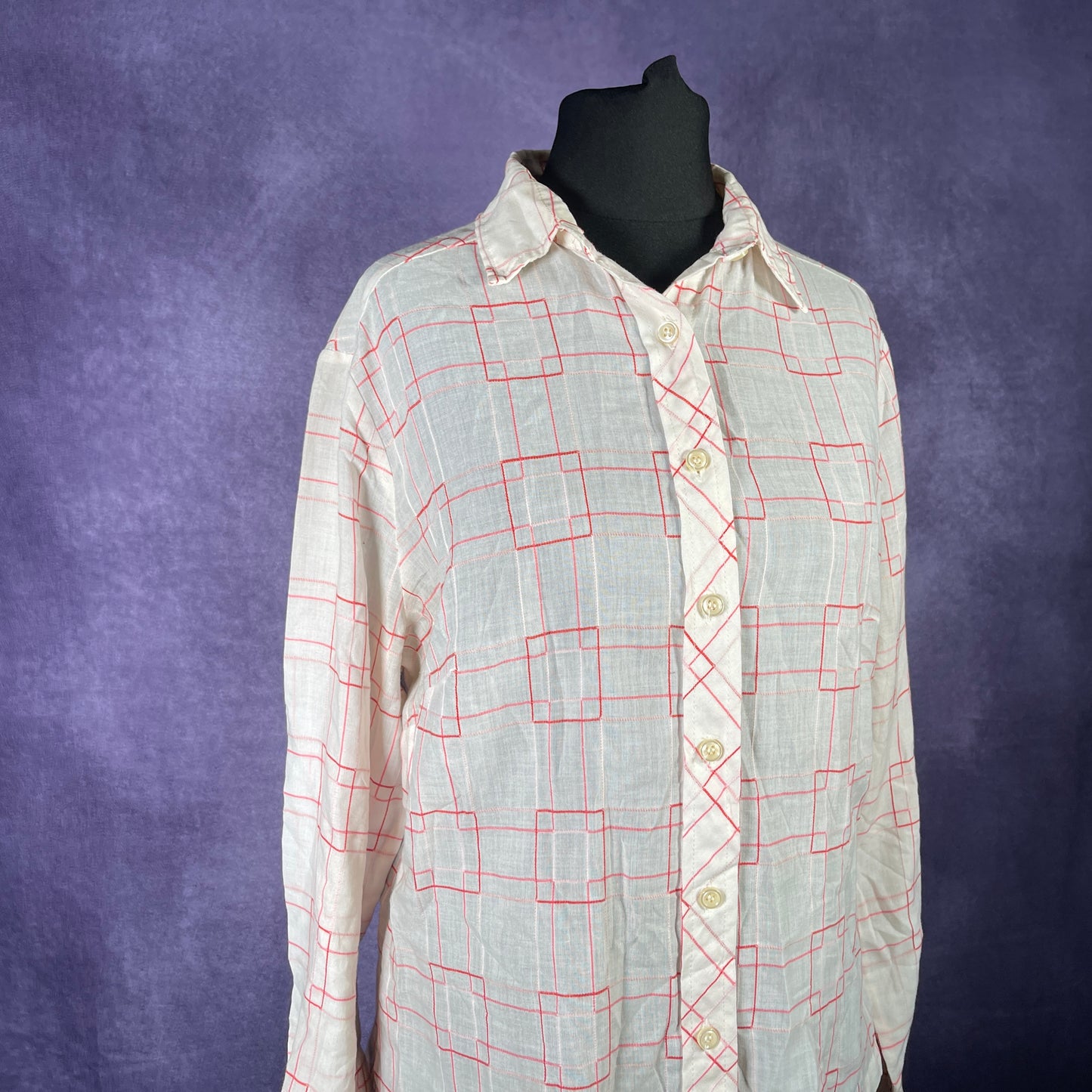 Vintage 1970s Teagal Ladies White Red Pink 70s Patterned Shirt Large