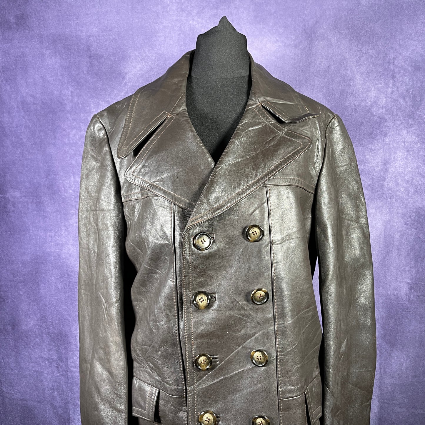 Vintage 1970s Mens Leather Over Coat Trench Mac Safari Jacket Brown Size Small