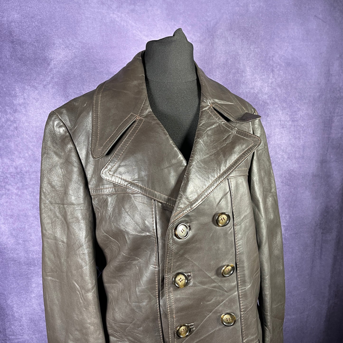 Vintage 1970s Mens Leather Over Coat Trench Mac Safari Jacket Brown Size Small