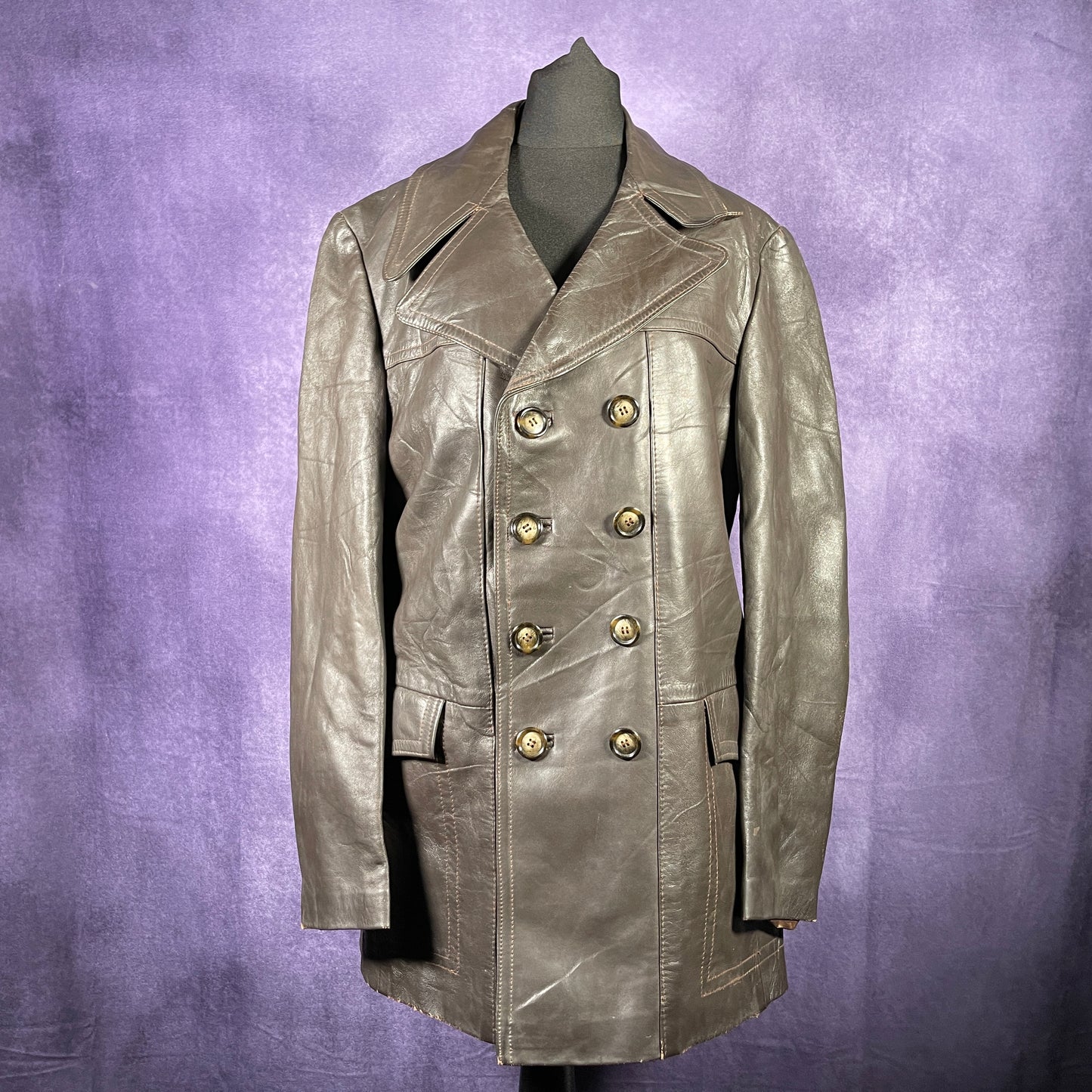 Vintage 1970s Mens Leather Over Coat Trench Mac Safari Jacket Brown Size Small