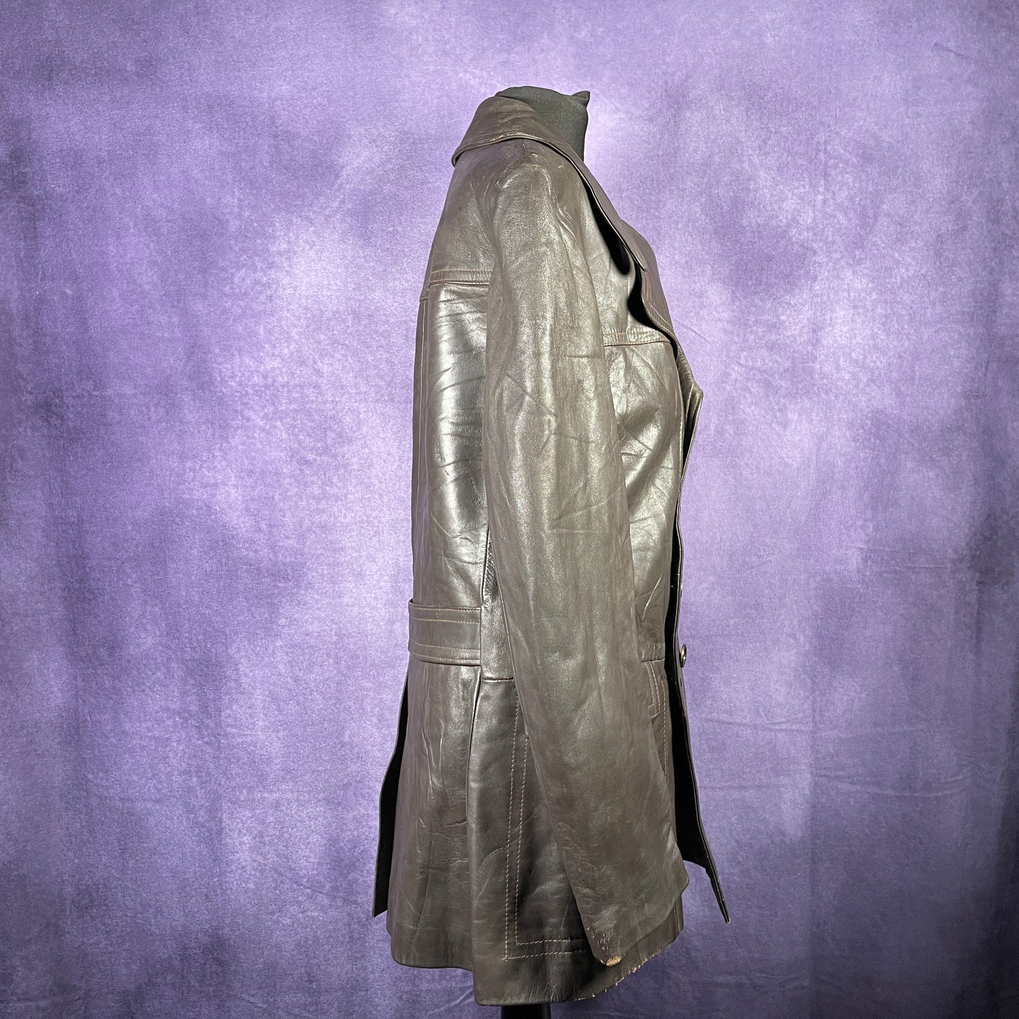 Vintage 1970s Mens Leather Over Coat Trench Mac Safari Jacket Brown Size Small