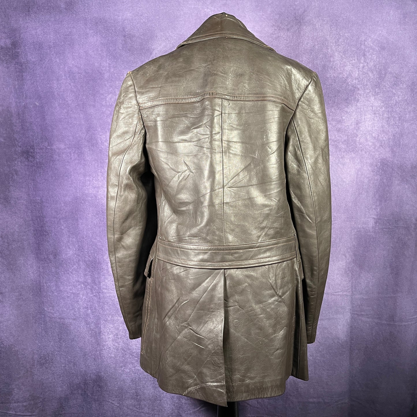 Vintage 1970s Mens Leather Over Coat Trench Mac Safari Jacket Brown Size Small