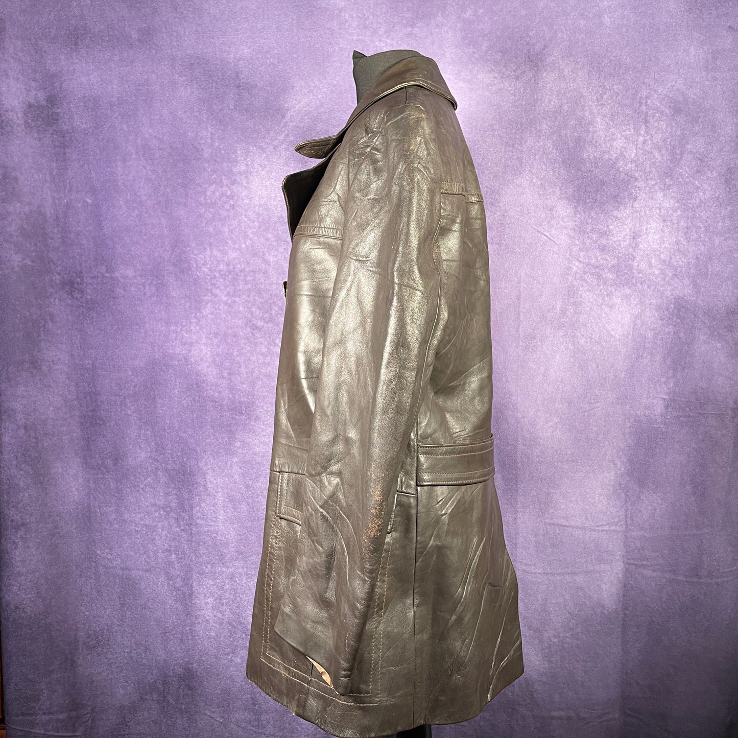 Vintage 1970s Mens Leather Over Coat Trench Mac Safari Jacket Brown Size Small