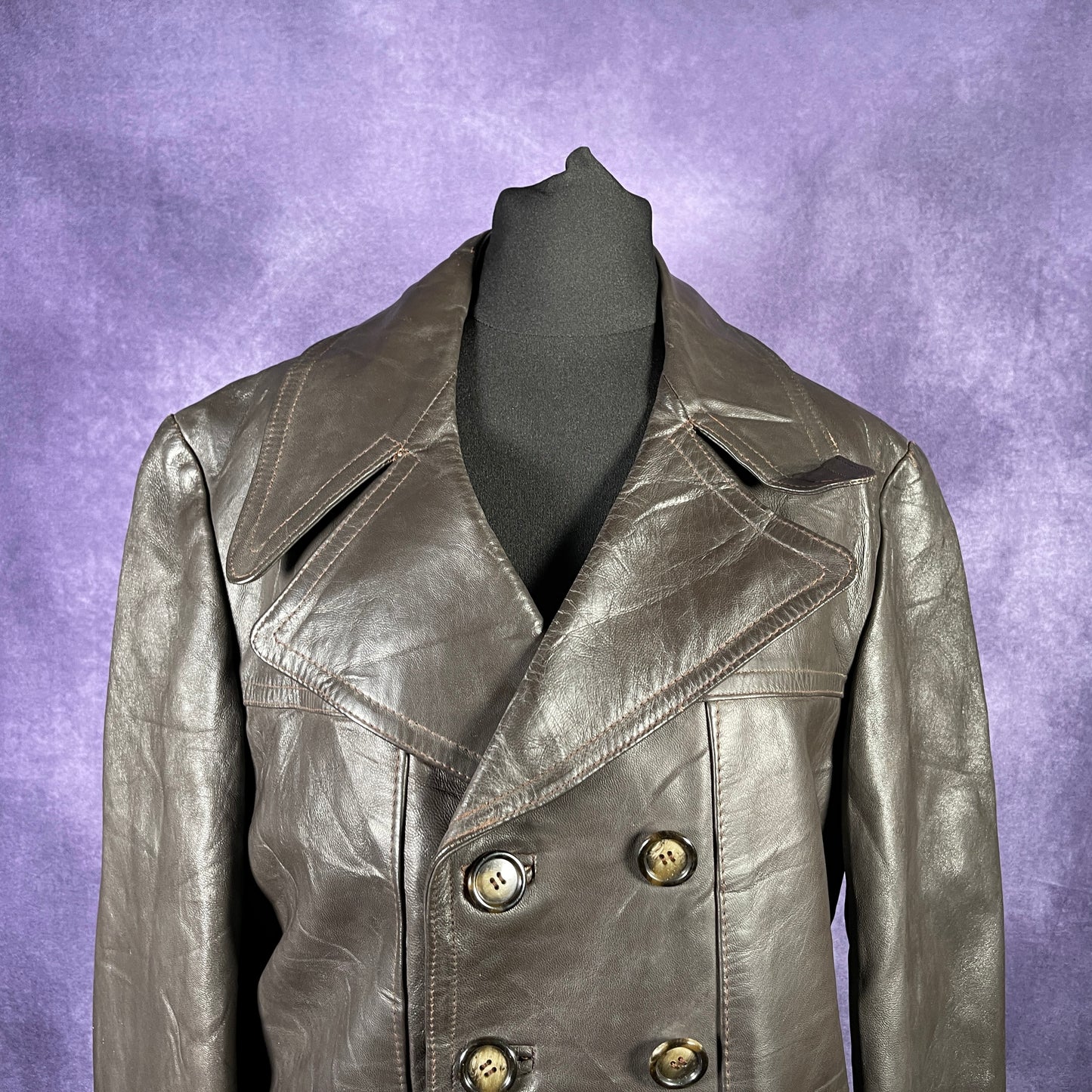 Vintage 1970s Mens Leather Over Coat Trench Mac Safari Jacket Brown Size Small