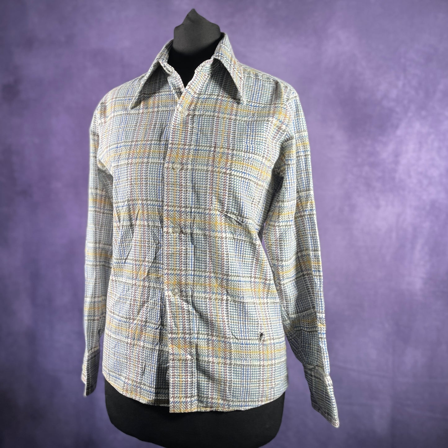 Vintage 1970s Montgomery Ward Womens Blue Brown Yellow Check Dagger Collar Shirt