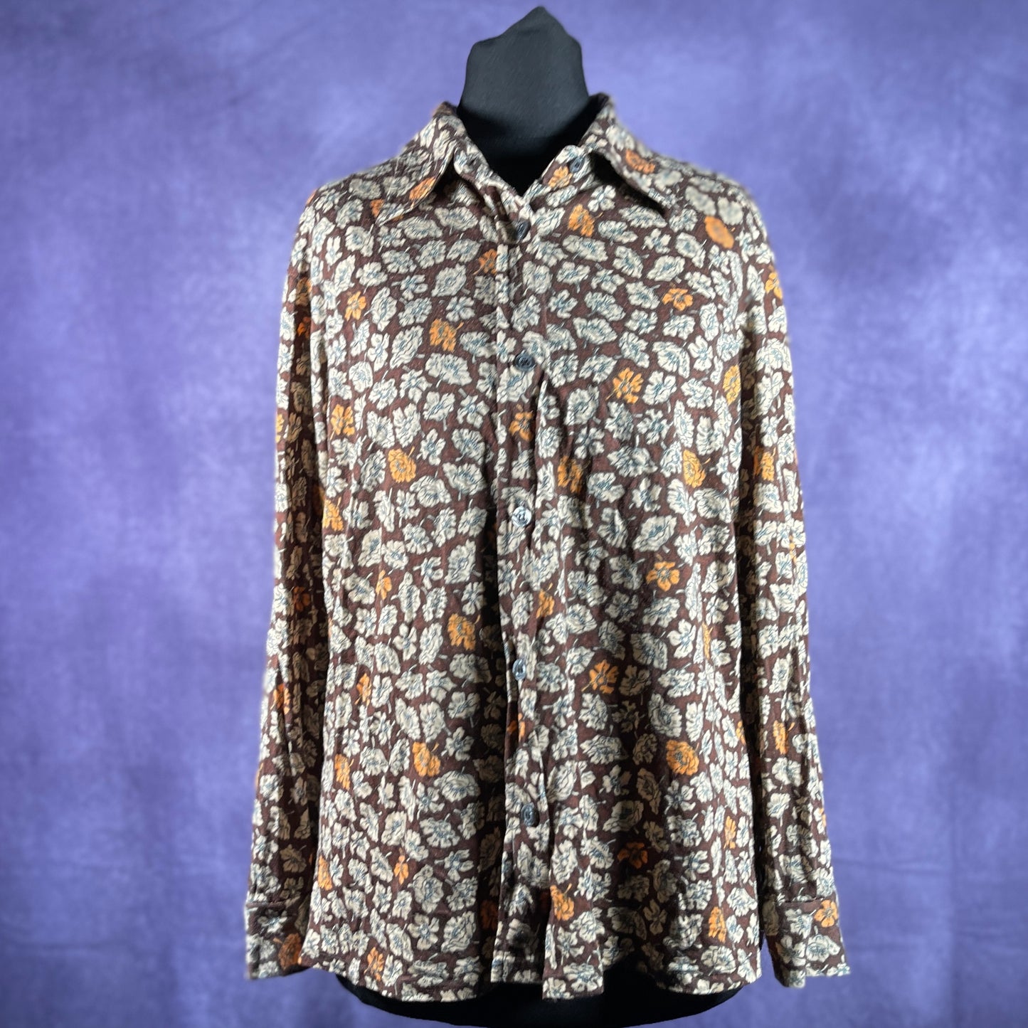 Vintage 1970s Woman's Ladies Brown Leaf Dagger Collar Shirt Large