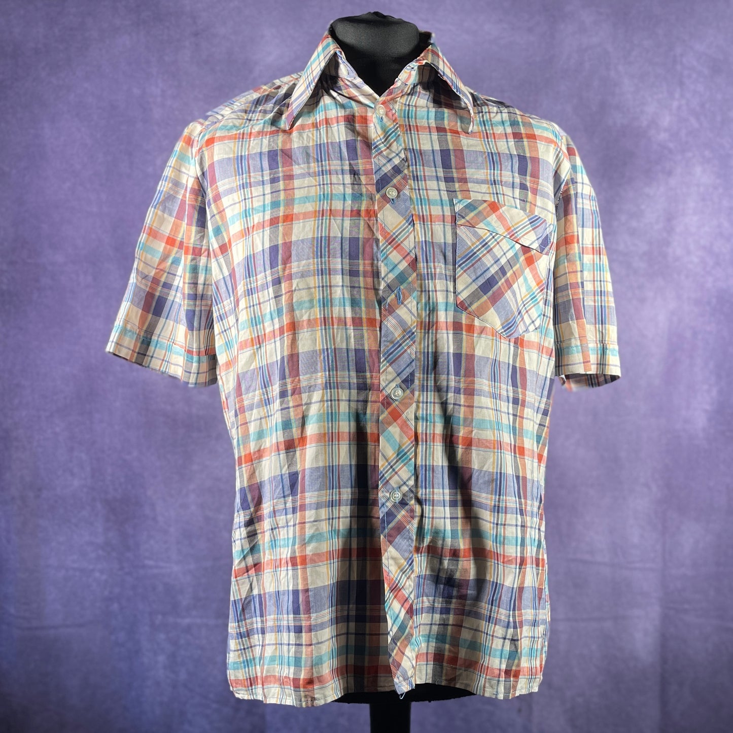 Vintage 1970s 80s Mens White Multi-Coloured Check Dagger Collar