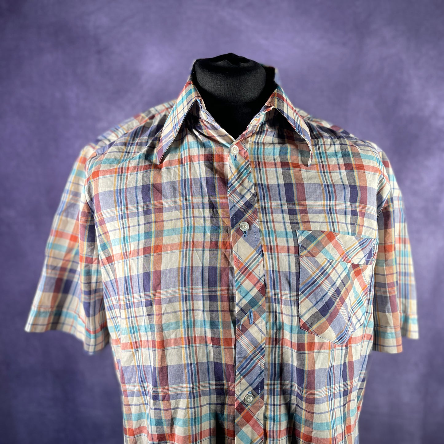 Vintage 1970s 80s Mens White Multi-Coloured Check Dagger Collar