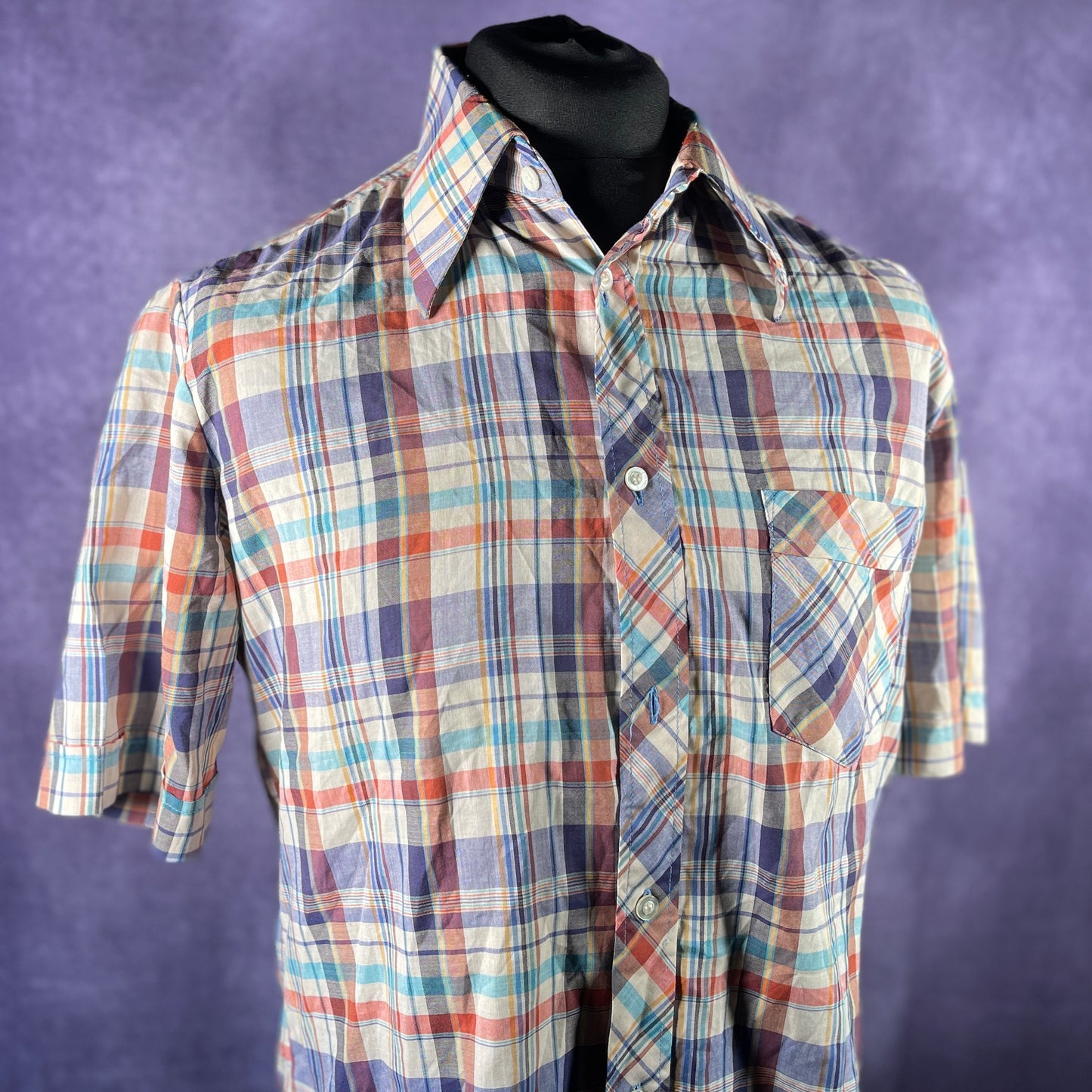 Vintage 1970s 80s Mens White Multi-Coloured Check Dagger Collar