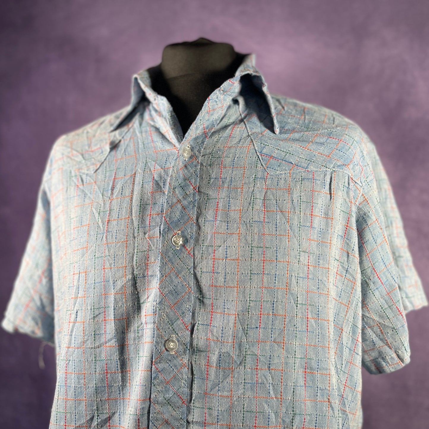 Vintage 1970s Blue Red Check Men Checkered Shirt Fleck Rockabilly Dagger Collar XXL