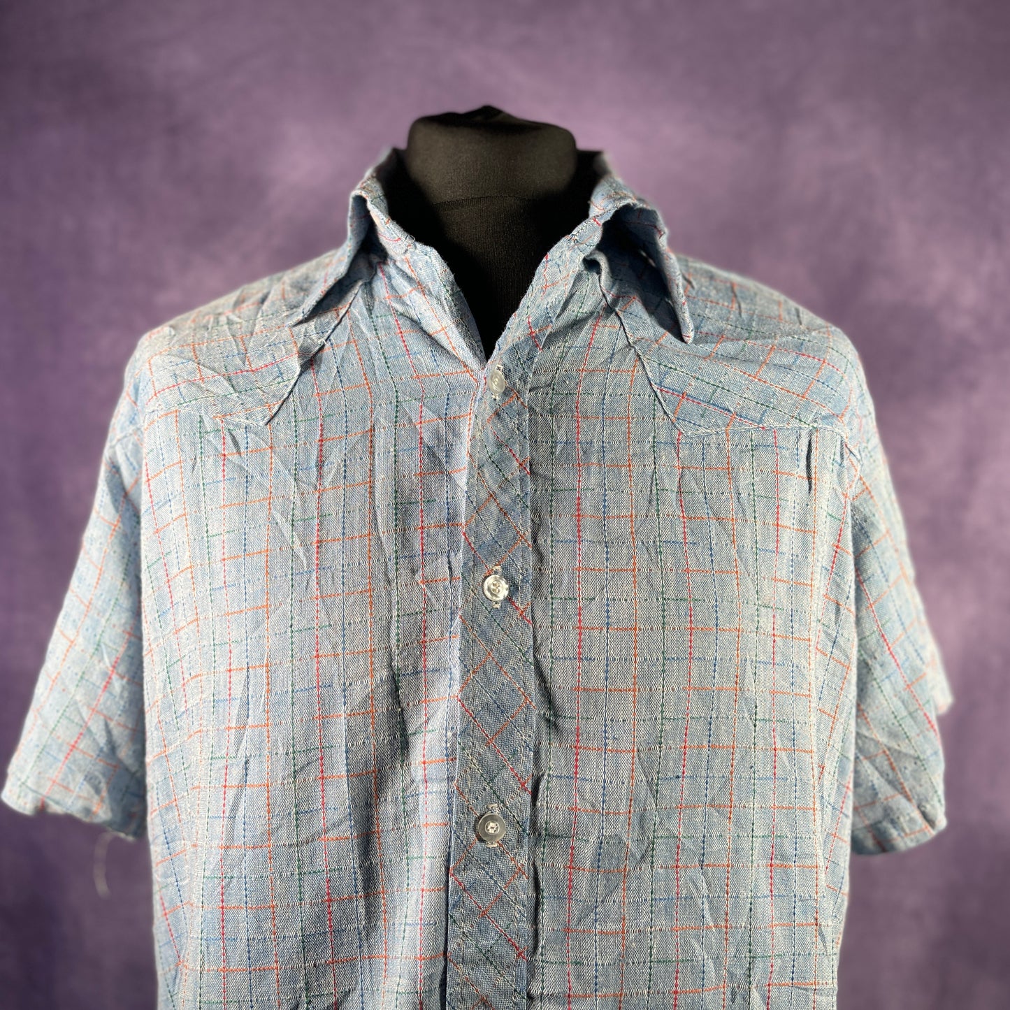 Vintage 1970s Blue Red Check Men Checkered Shirt Fleck Rockabilly Dagger Collar XXL