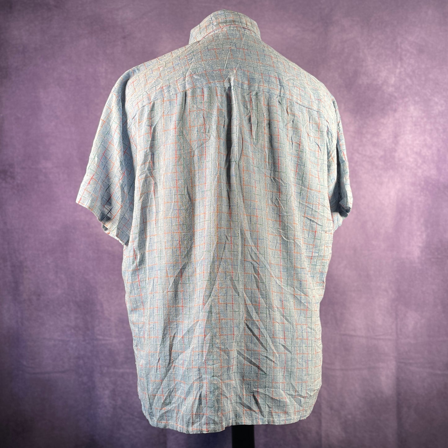 Vintage 1970s Blue Red Check Men Checkered Shirt Fleck Rockabilly Dagger Collar XXL