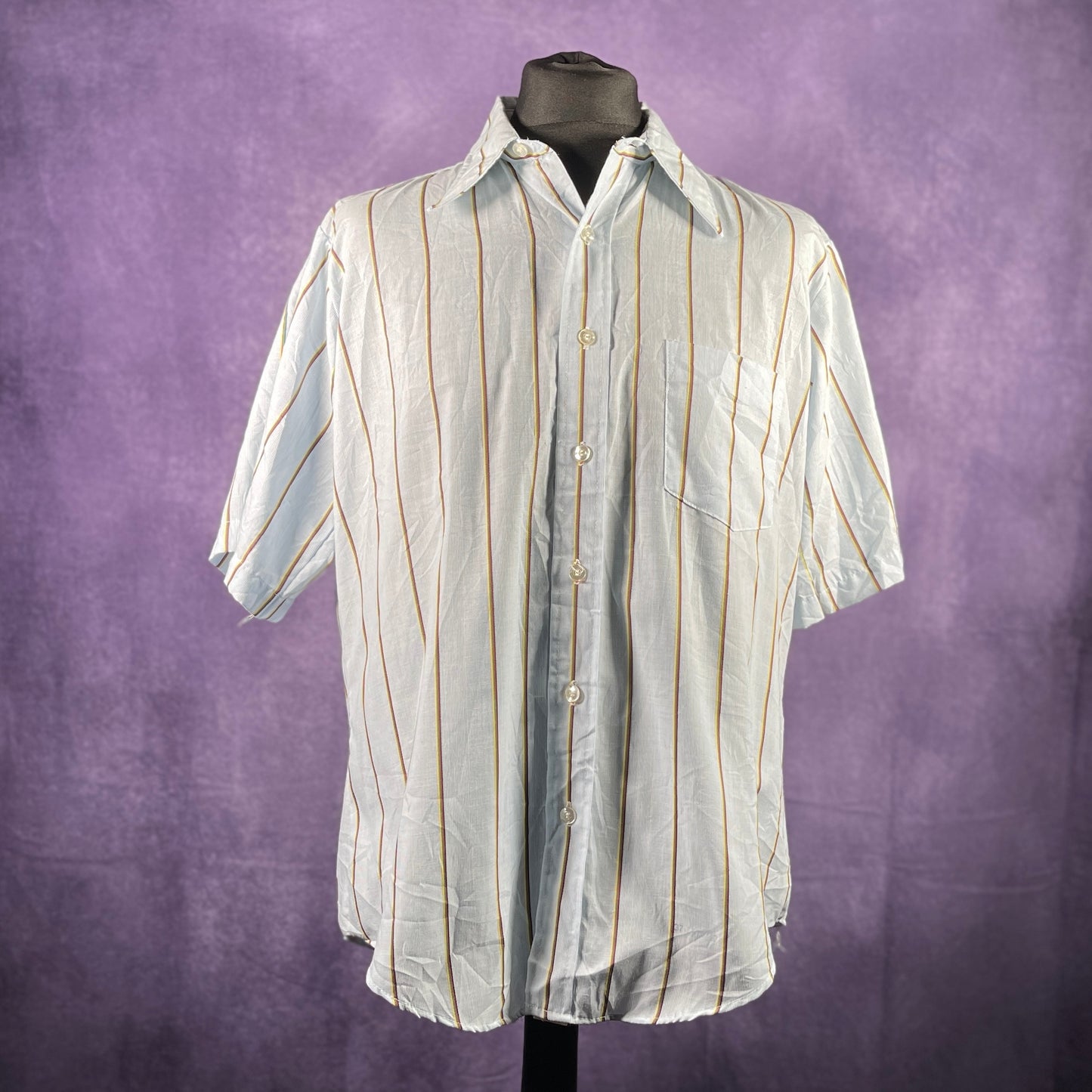 Vintage 1970s Light Blue Multicoloured Striped Mens Dagger Collar Shirt XXL