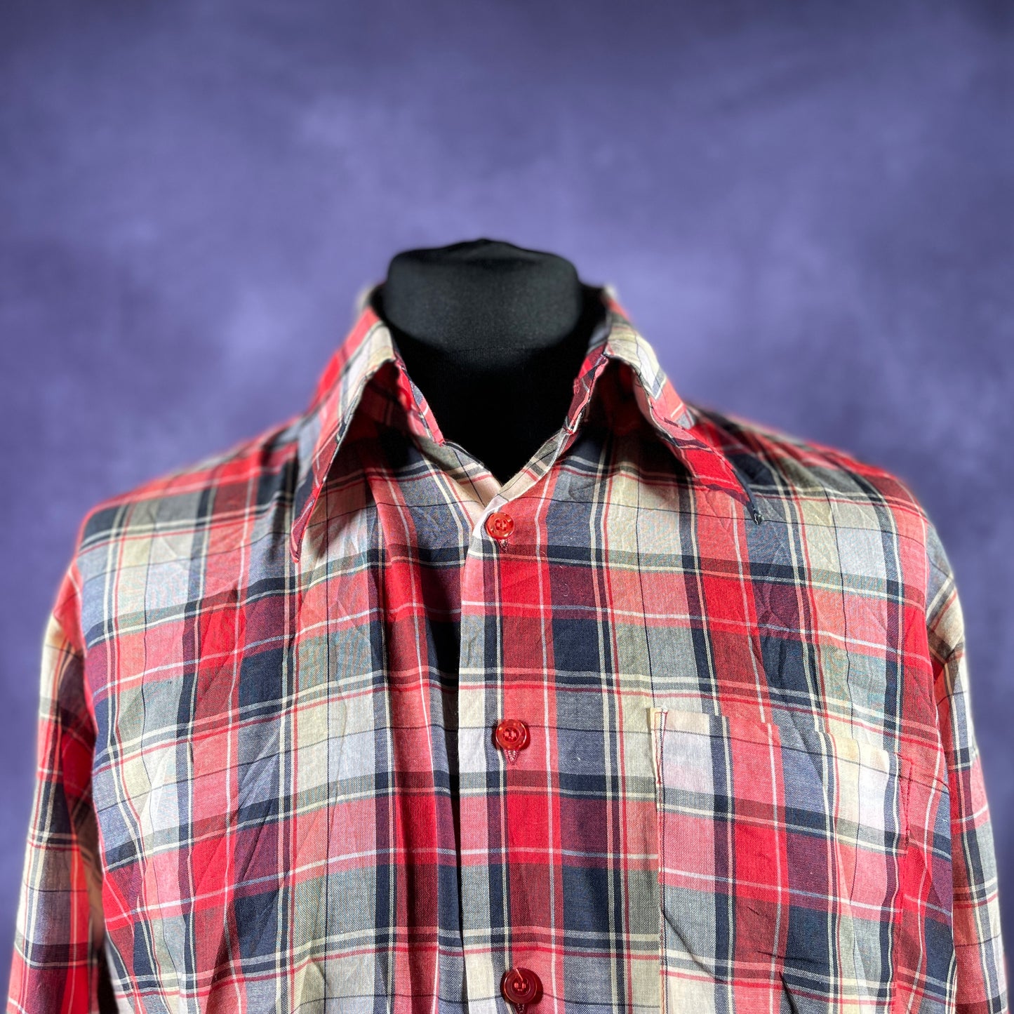 Vintage 1970s 80s Banyan Mens Dagger Collar Check Red White Black Shirt XL