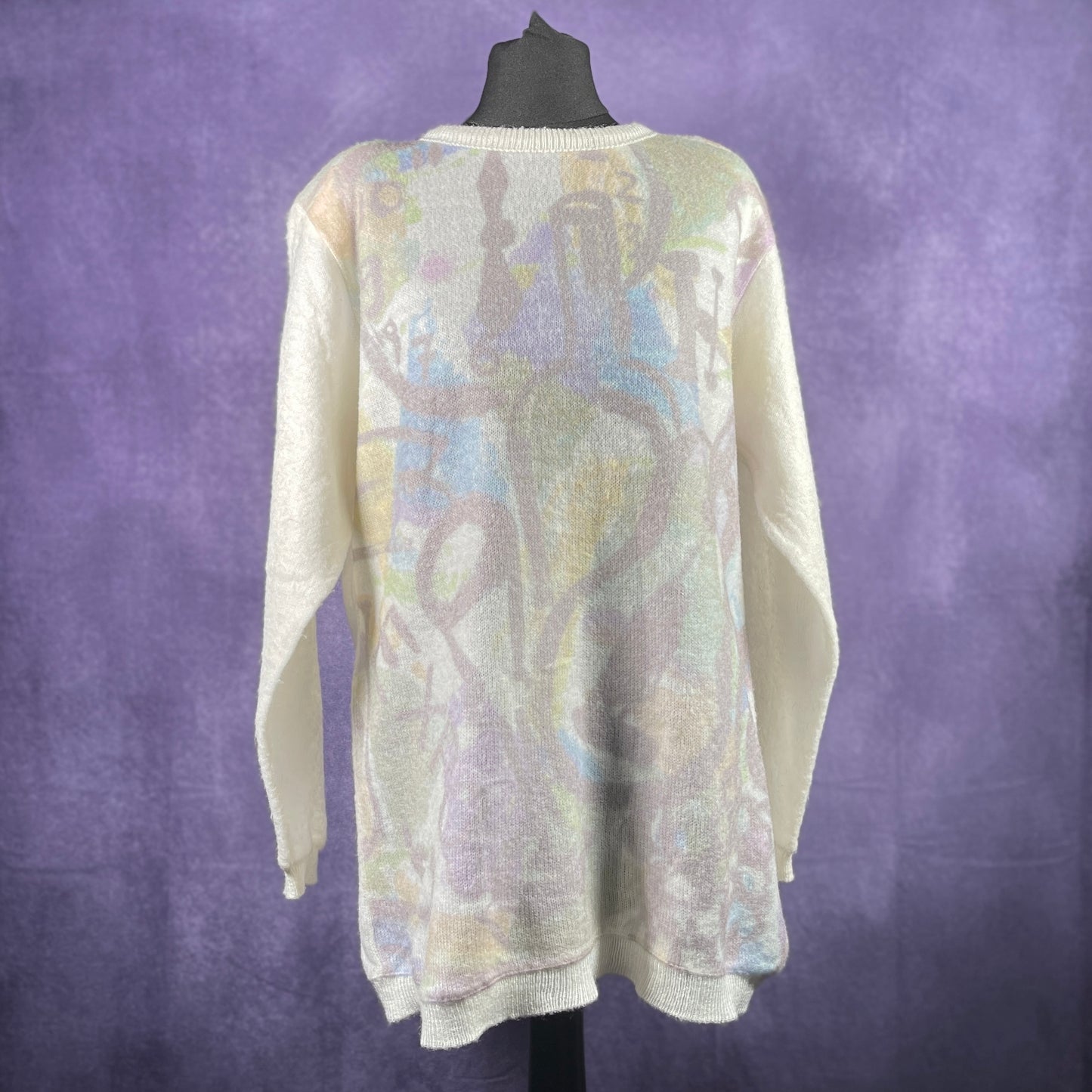 Vintage 1980s Ladies Womens Soft White Muti-coloured Floral Sweater Jumper Shoulder Pads