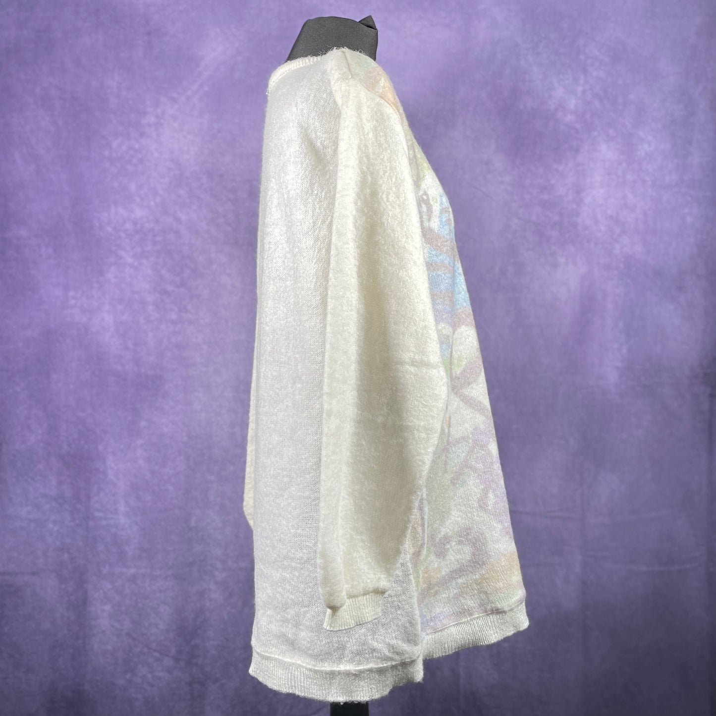 Vintage 1980s Ladies Womens Soft White Muti-coloured Floral Sweater Jumper Shoulder Pads