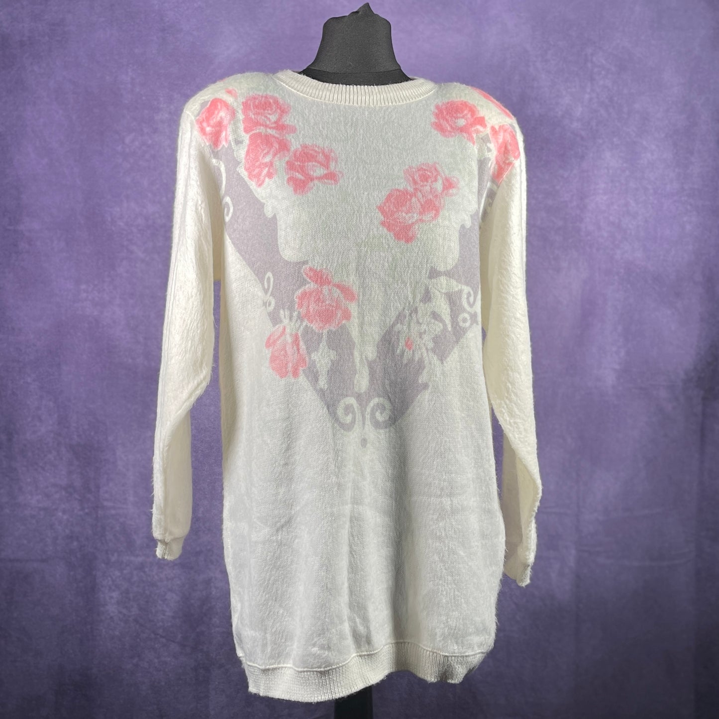 Vintage 1980s Ladies Womens Soft White Pink Flower Sweater Jumper With Shoulder Pads