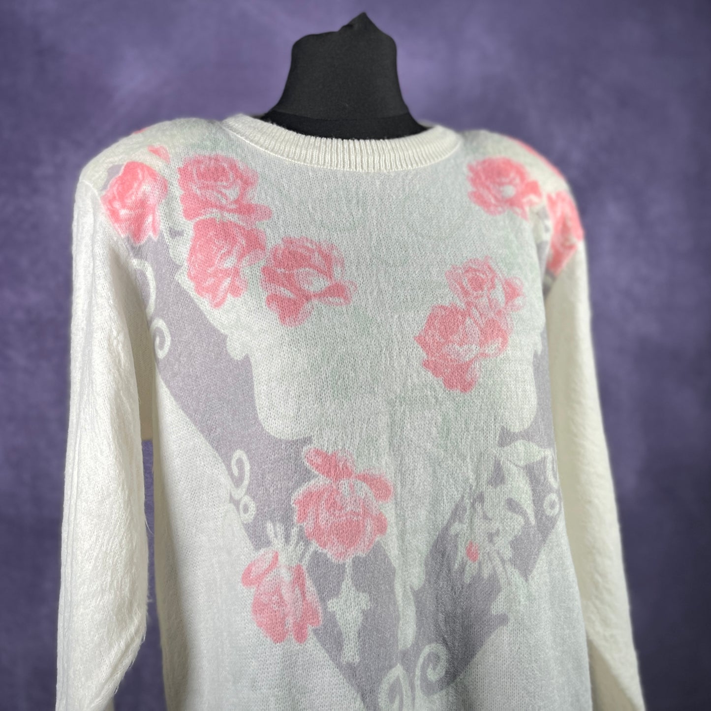 Vintage 1980s Ladies Womens Soft White Pink Flower Sweater Jumper With Shoulder Pads