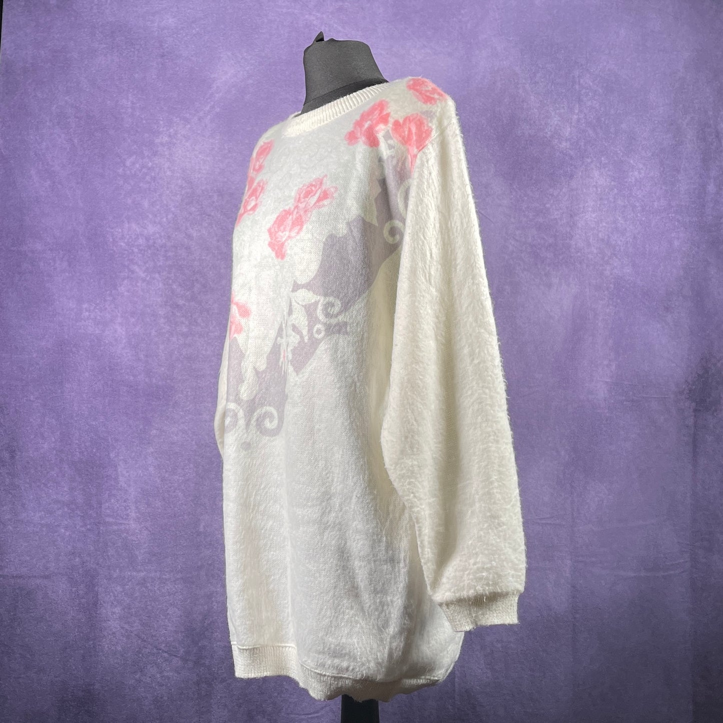 Vintage 1980s Ladies Womens Soft White Pink Flower Sweater Jumper With Shoulder Pads