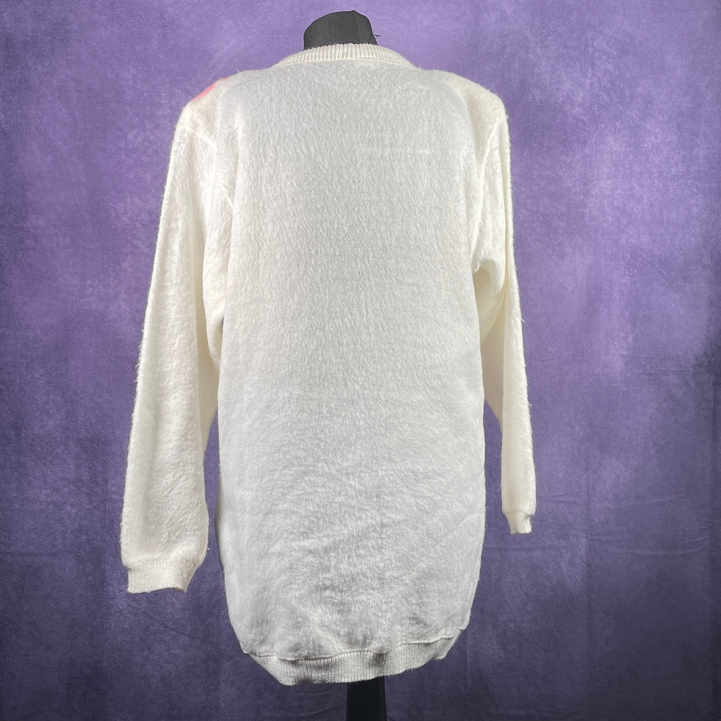 Vintage 1980s Ladies Womens Soft White Pink Flower Sweater Jumper With Shoulder Pads
