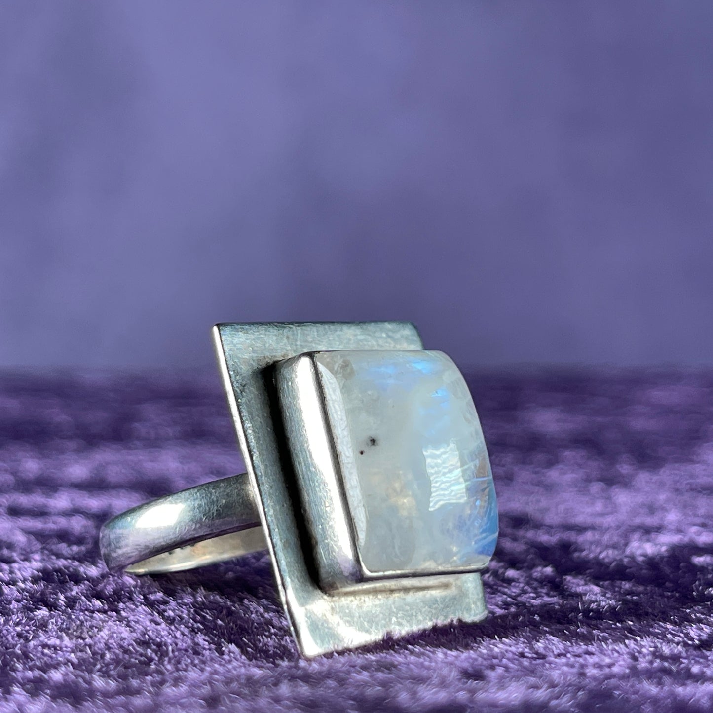 Vintage Sterling Silver 925 Square Framed Moonstone Silver Ring Size S.5 / 9.5
