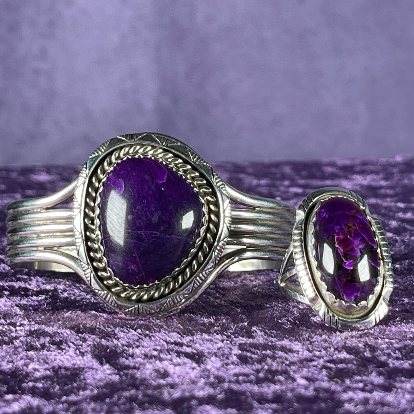 Vintage Southwestern Navajo Sterling Silver William J Johnson Ring and Bangle Charoite Stone 925