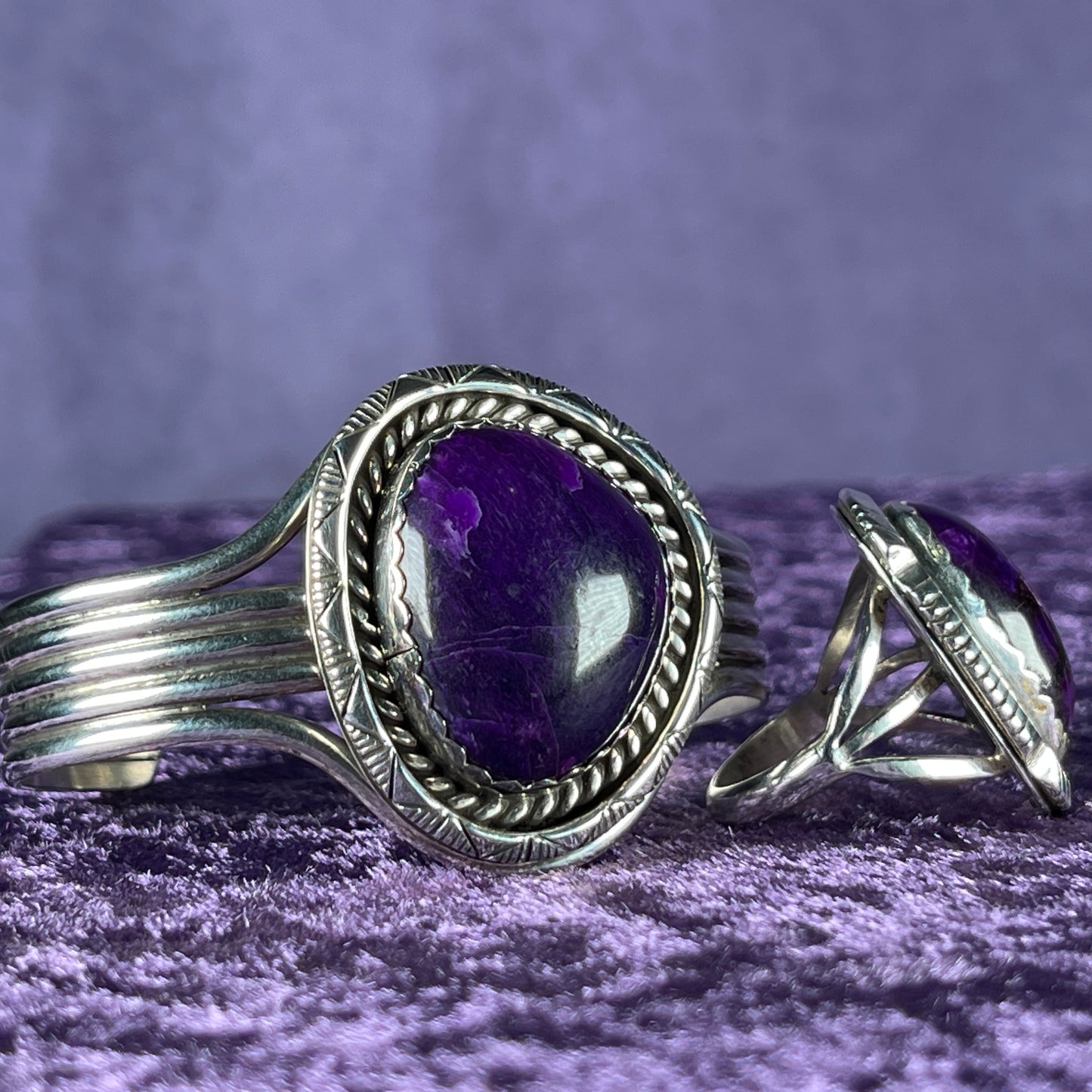 Vintage Southwestern Navajo Sterling Silver William J Johnson Ring and Bangle Charoite Stone 925
