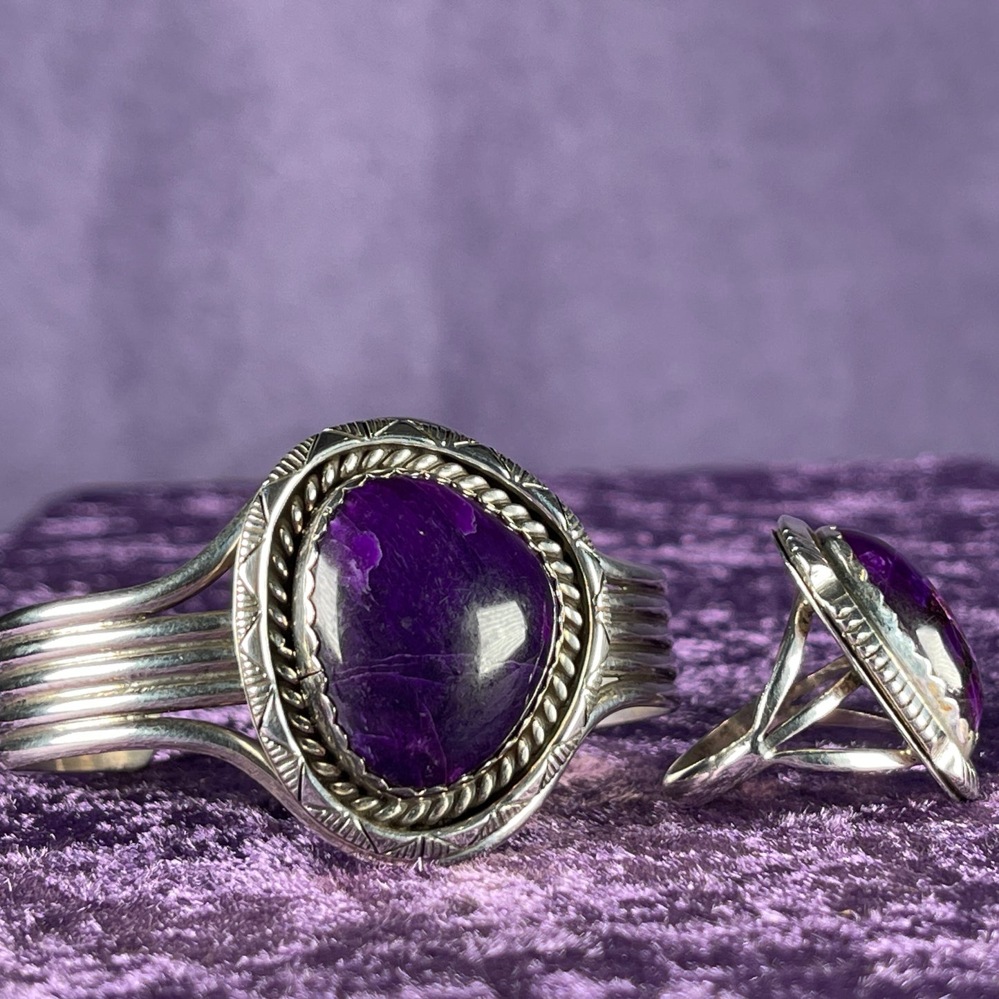 Vintage Southwestern Navajo Sterling Silver William J Johnson Ring and Bangle Charoite Stone 925