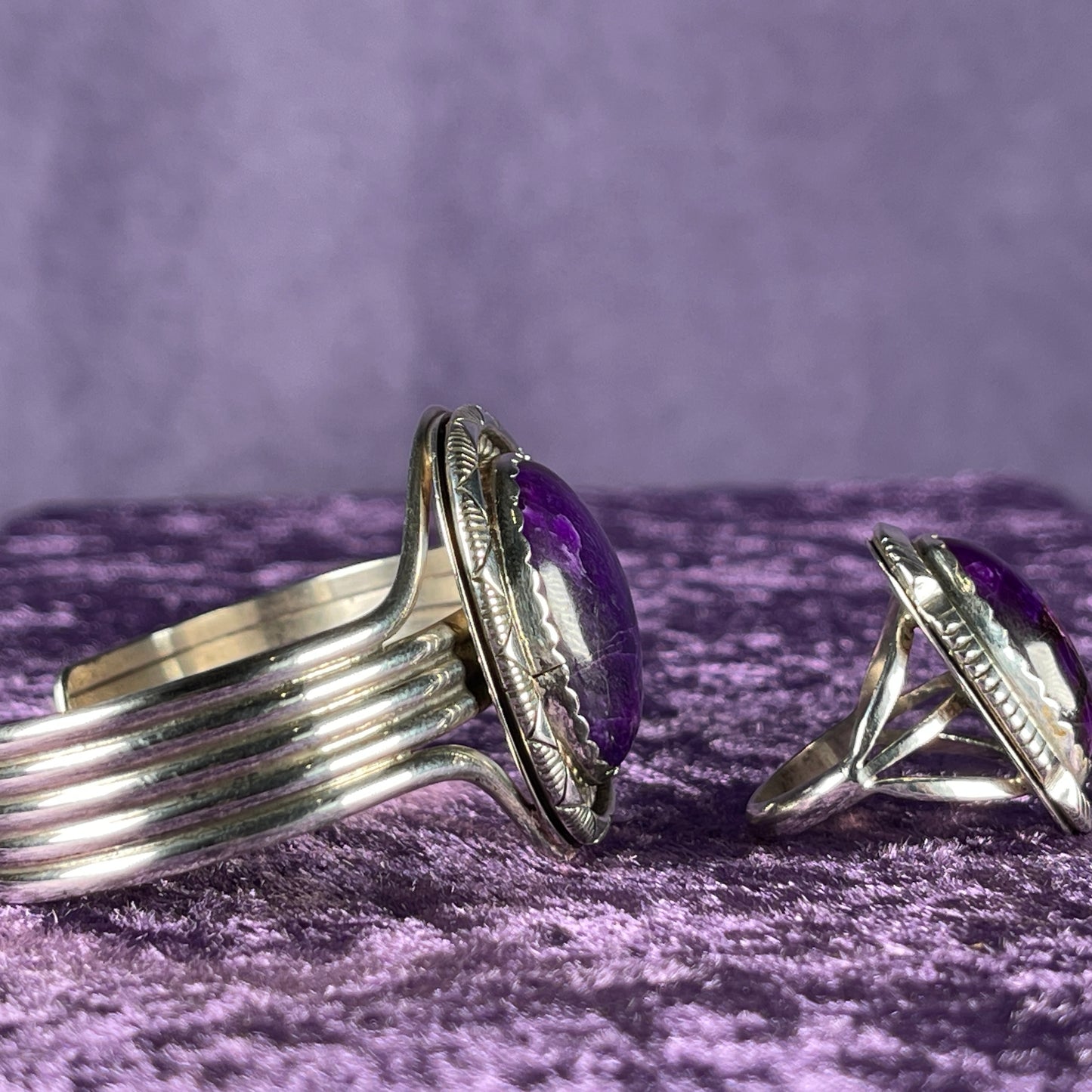 Vintage Southwestern Navajo Sterling Silver William J Johnson Ring and Bangle Charoite Stone 925