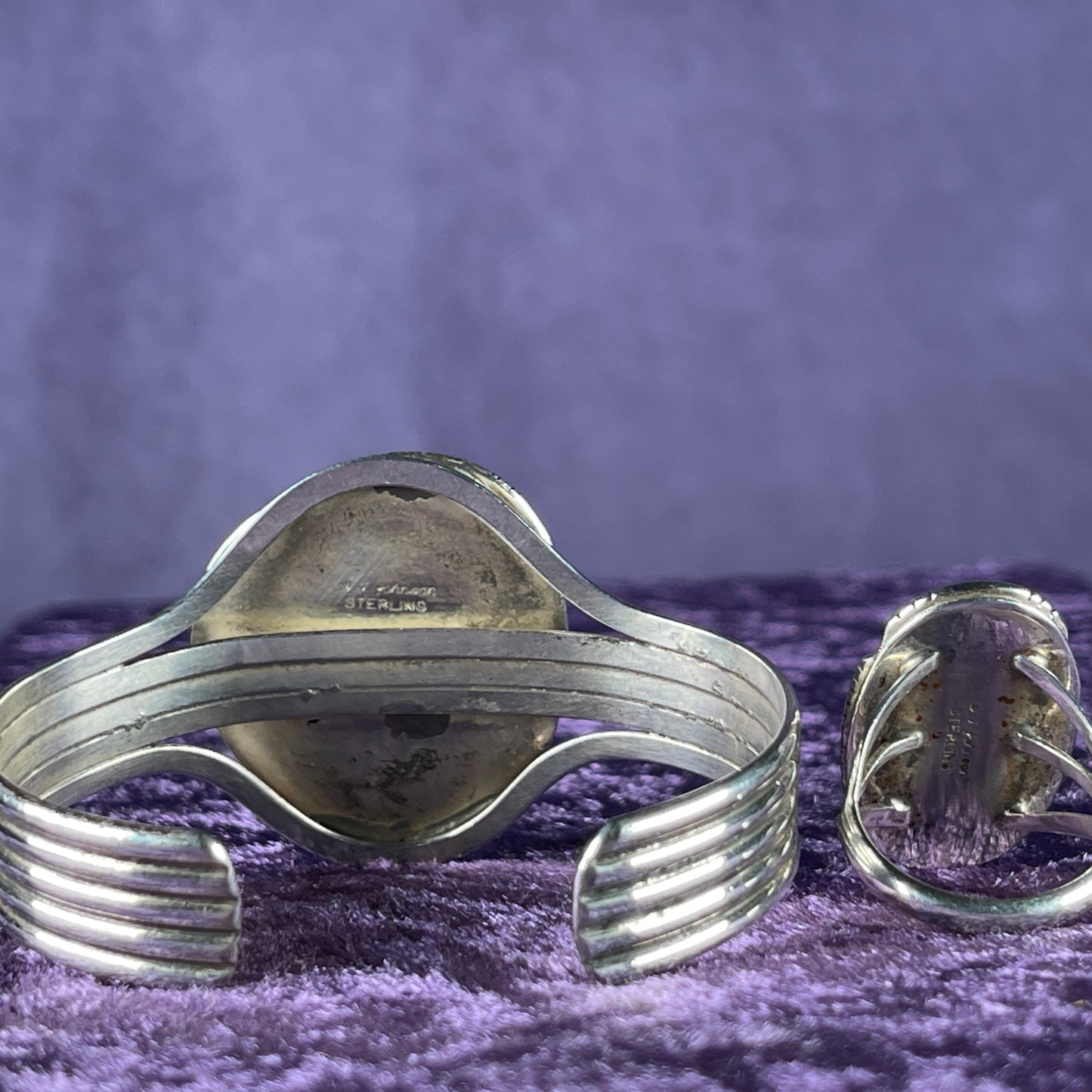 Vintage Southwestern Navajo Sterling Silver William J Johnson Ring and Bangle Charoite Stone 925