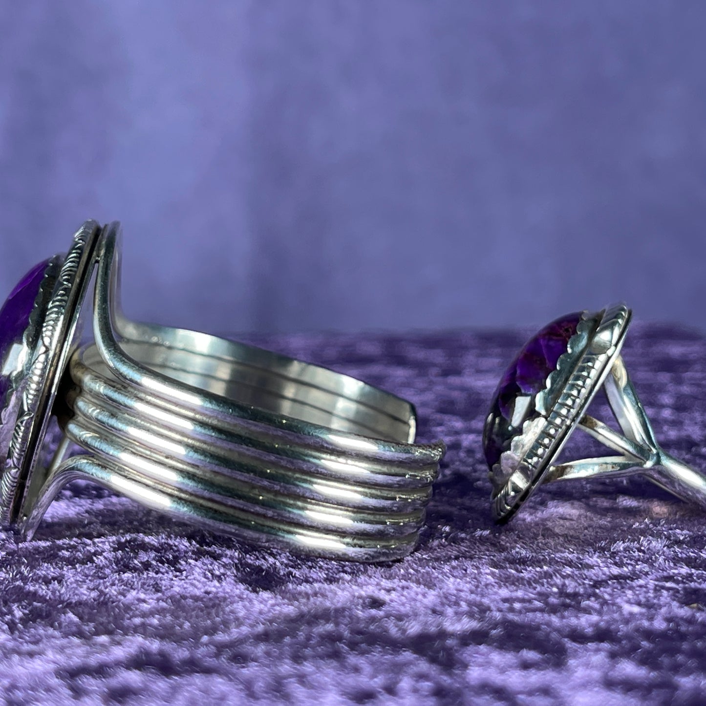 Vintage Southwestern Navajo Sterling Silver William J Johnson Ring and Bangle Charoite Stone 925