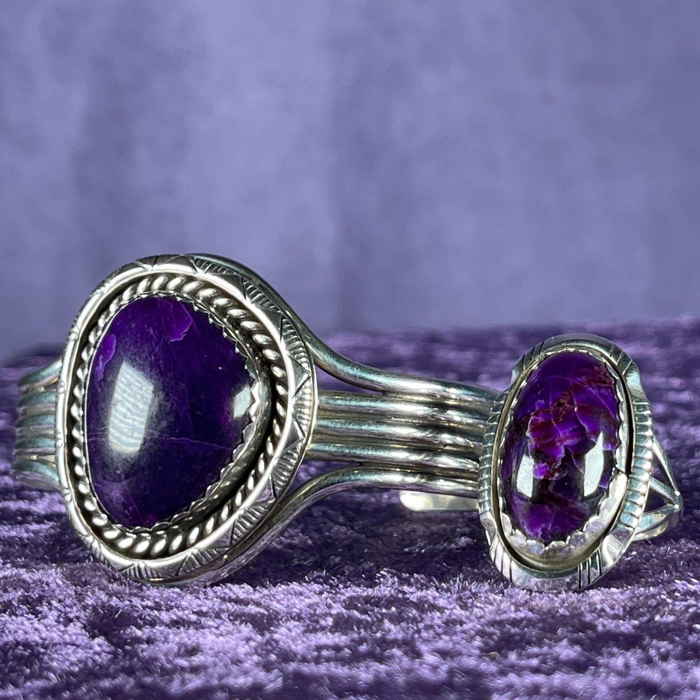 Vintage Southwestern Navajo Sterling Silver William J Johnson Ring and Bangle Charoite Stone 925