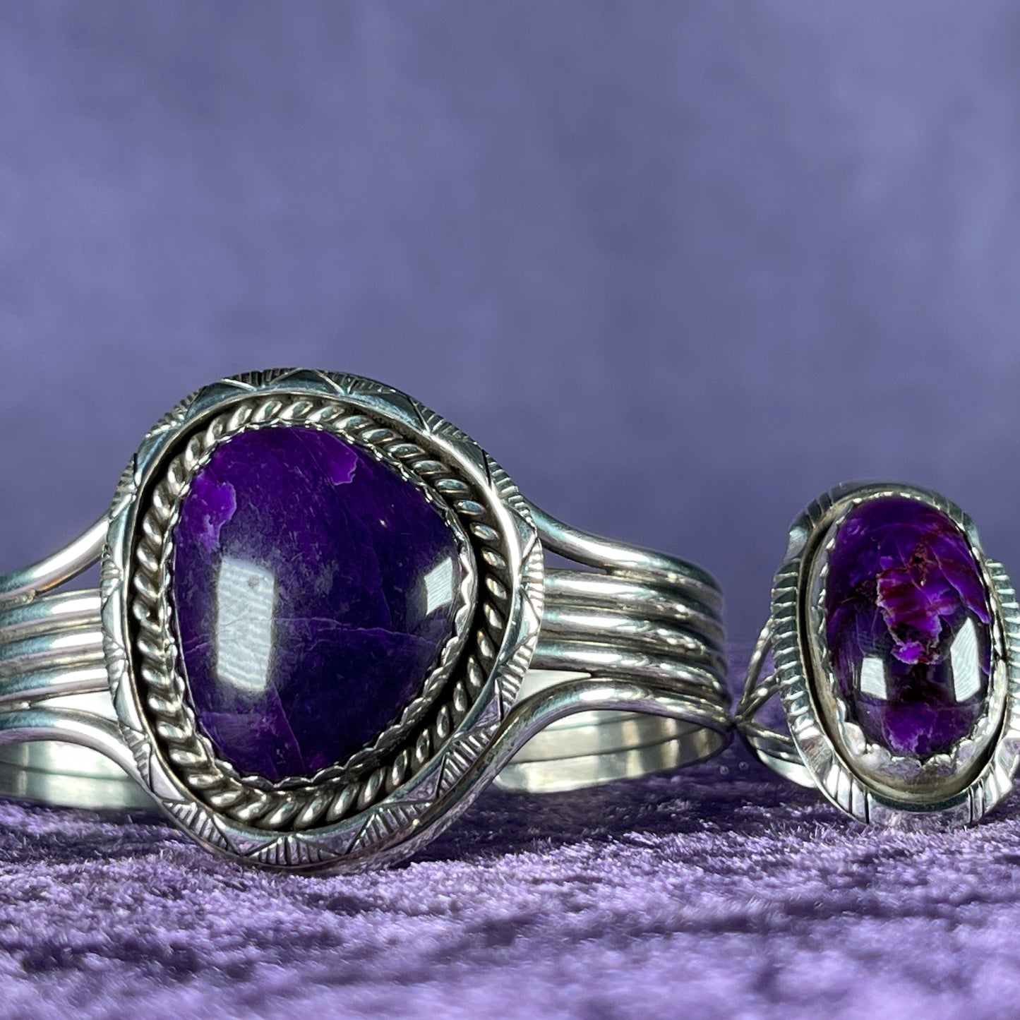 Vintage Southwestern Navajo Sterling Silver William J Johnson Ring and Bangle Charoite Stone 925