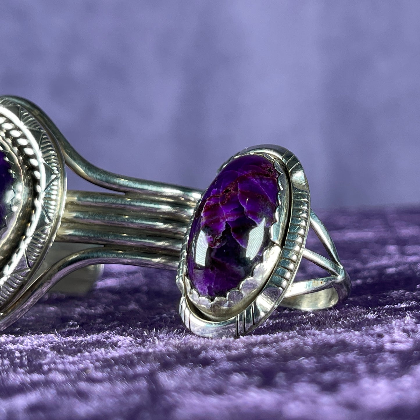 Vintage Southwestern Navajo Sterling Silver William J Johnson Ring and Bangle Charoite Stone 925