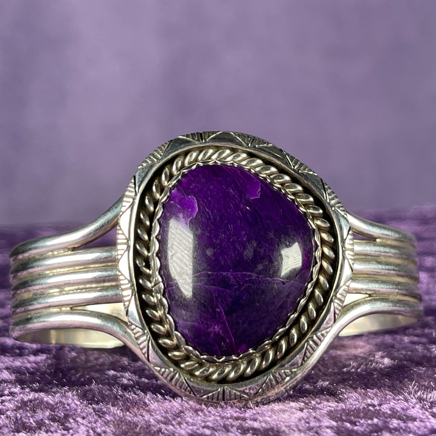Vintage Southwestern Navajo Sterling Silver William J Johnson Ring and Bangle Charoite Stone 925