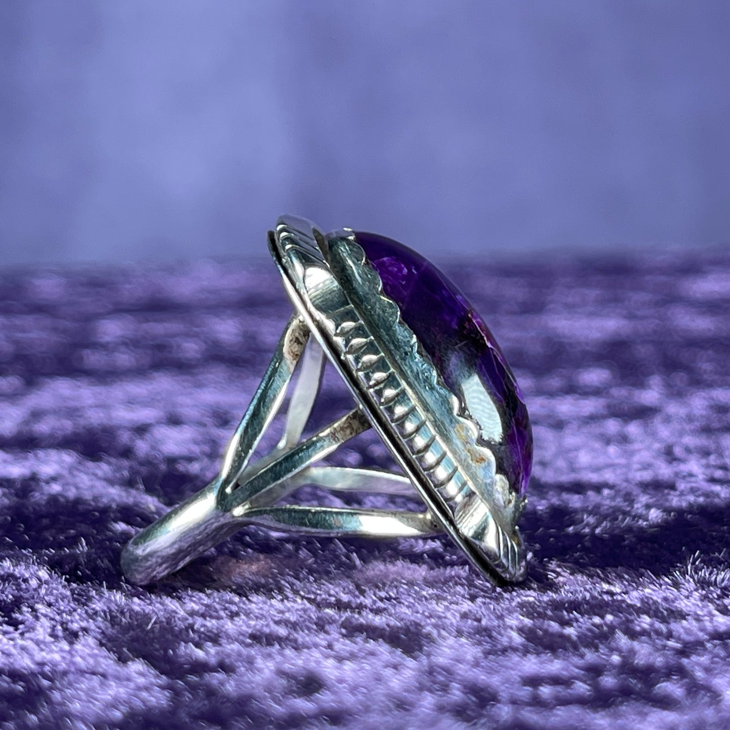 Vintage Southwestern Navajo Sterling Silver William J Johnson Ring and Bangle Charoite Stone 925