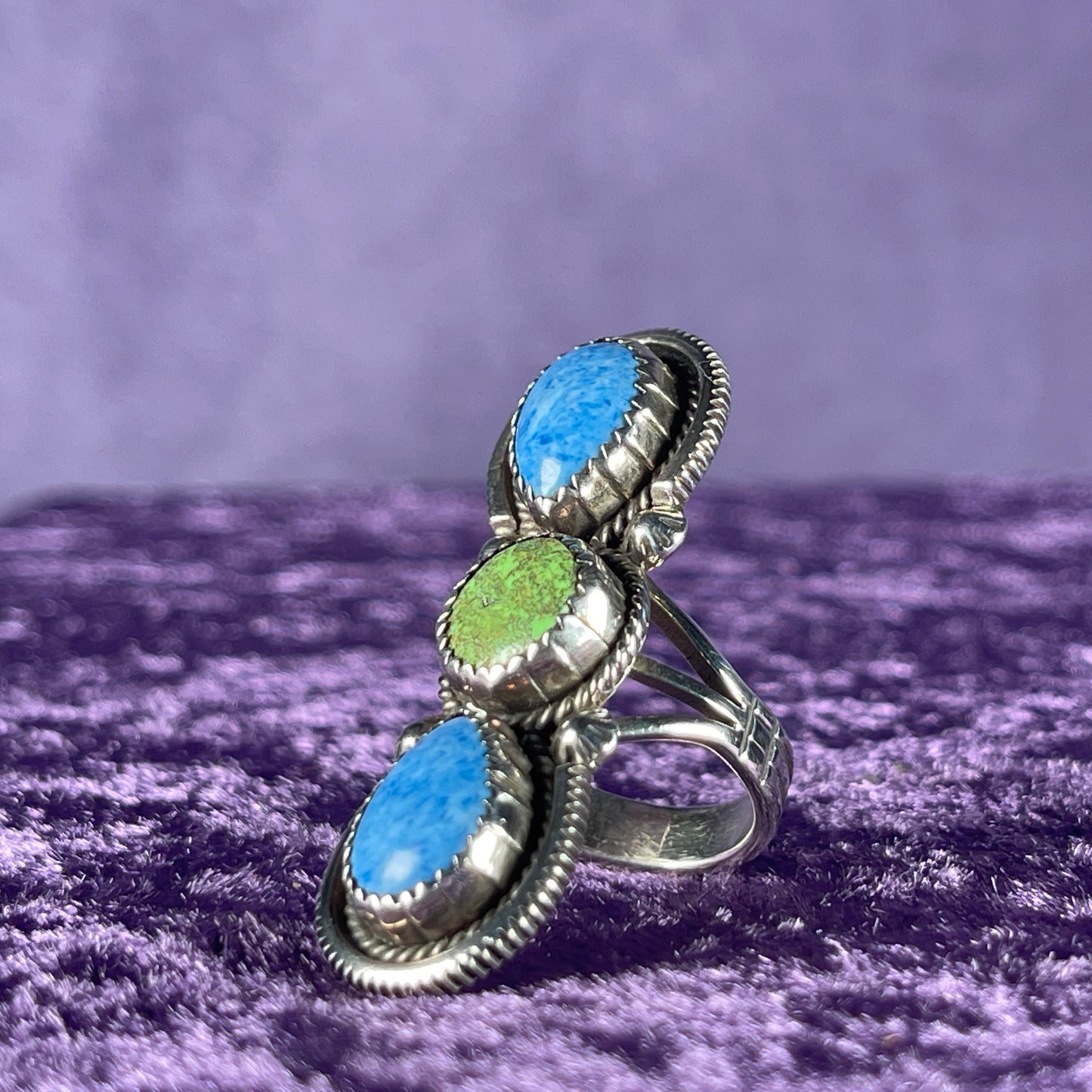 Native American Sterling Silver 925 Denim Lapis Lazuli Green Turquoise Ring Size M.5 / 6.5