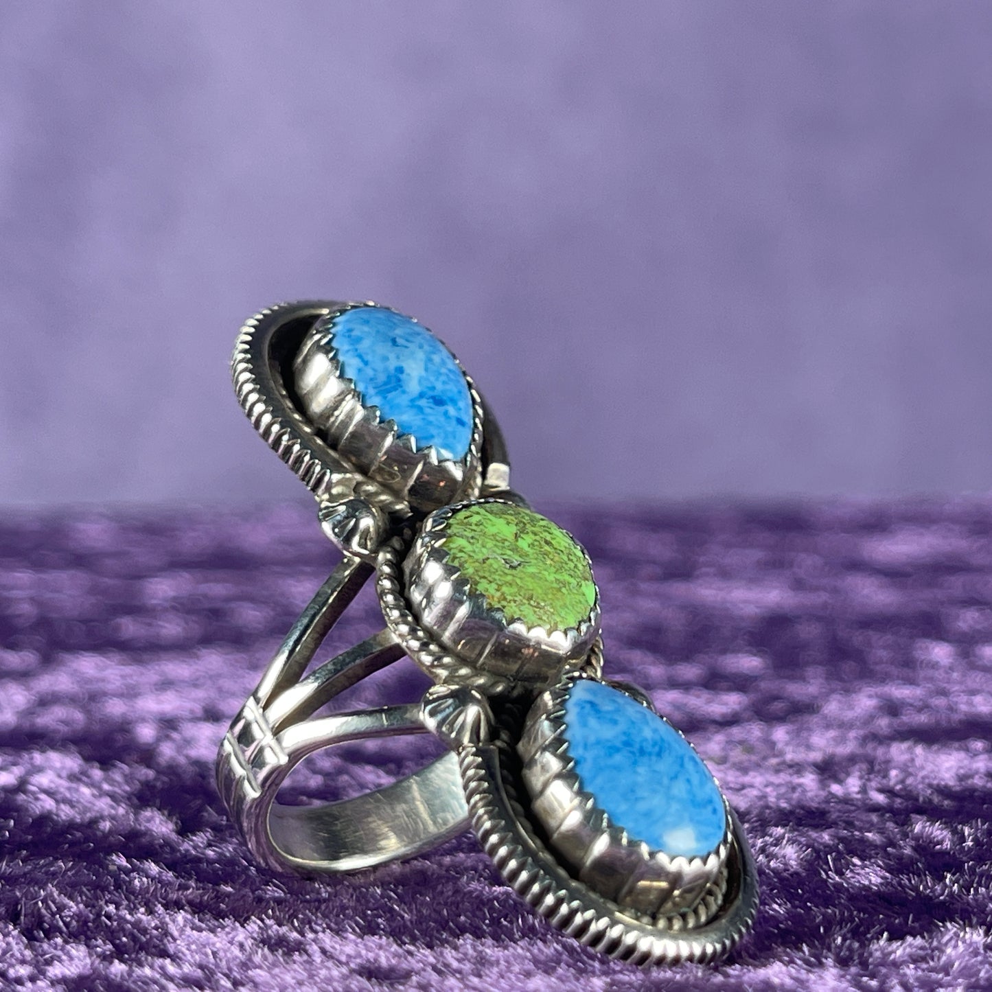 Native American Sterling Silver 925 Denim Lapis Lazuli Green Turquoise Ring Size M.5 / 6.5