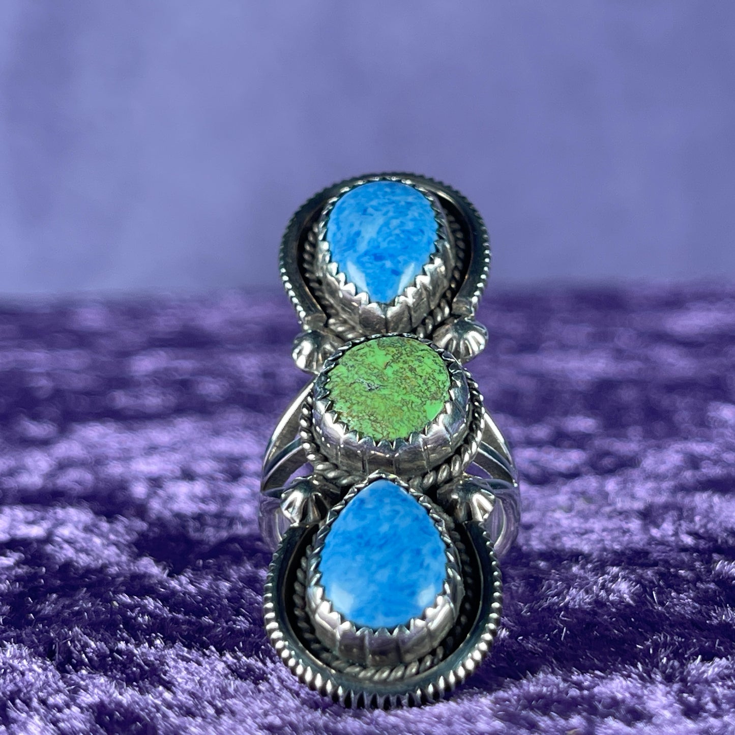 Native American Sterling Silver 925 Denim Lapis Lazuli Green Turquoise Ring Size M.5 / 6.5