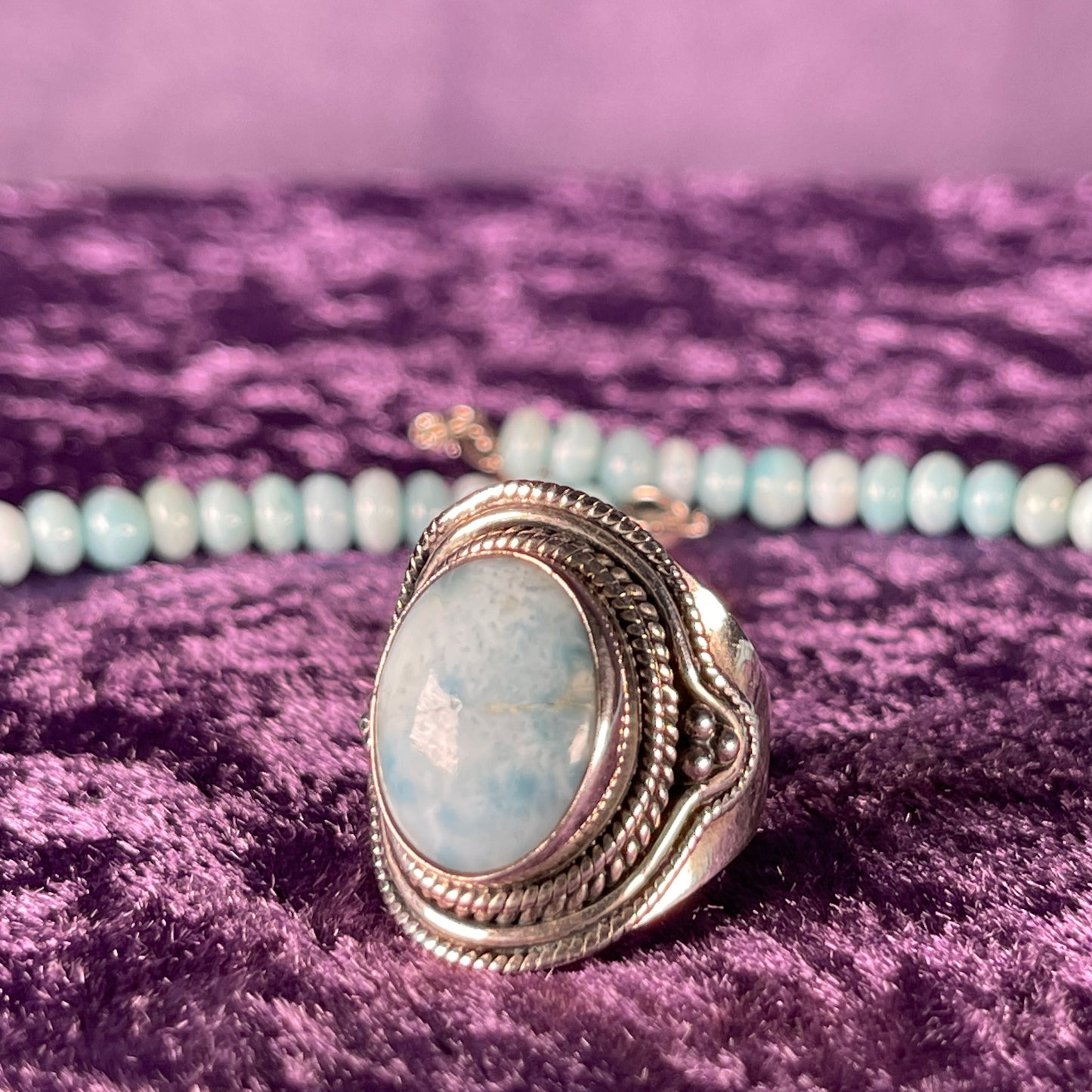 2 Piece Sterling Silver and Larimar Necklace and Ring Size S.25 / 9.25 Chain