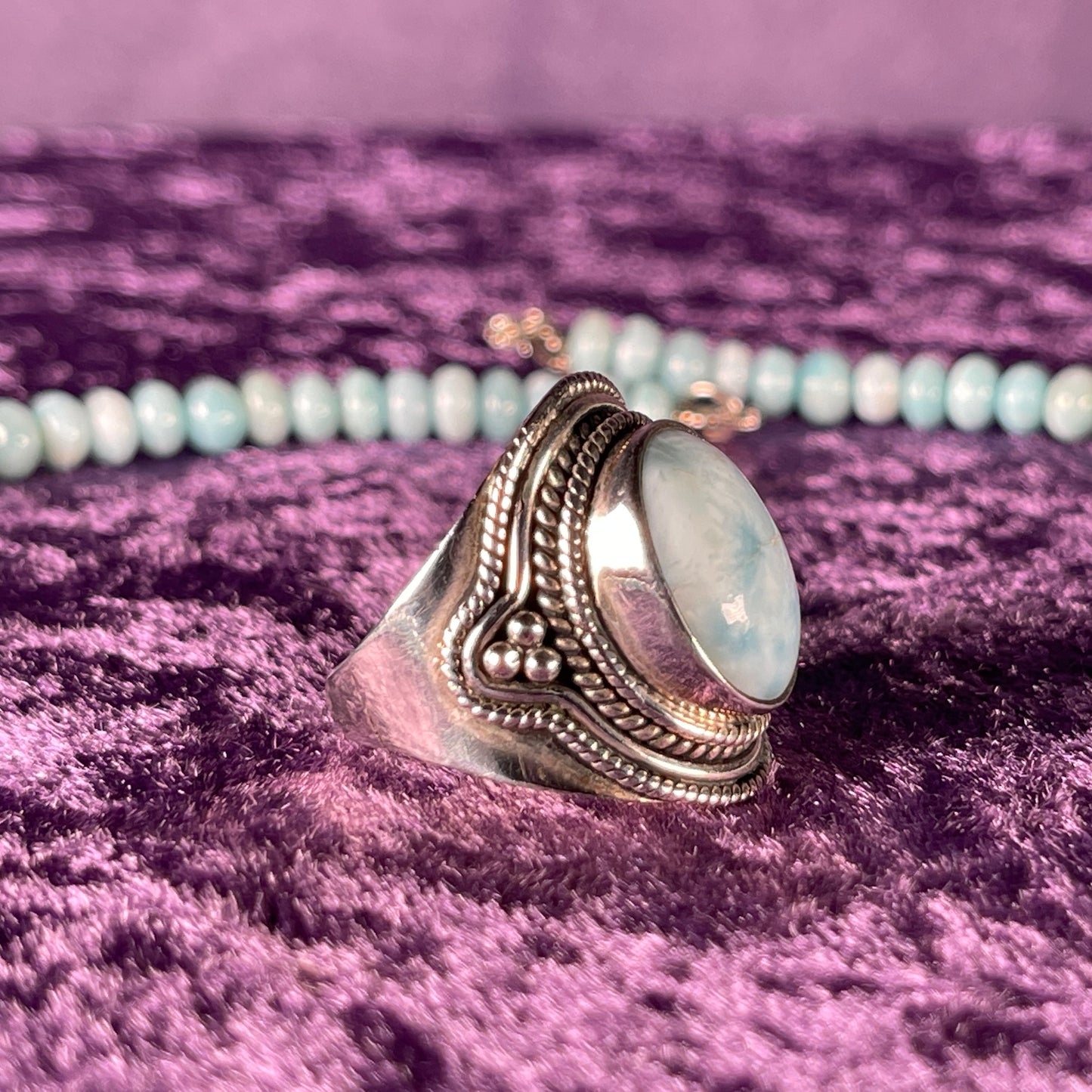 2 Piece Sterling Silver and Larimar Necklace and Ring Size S.25 / 9.25 Chain